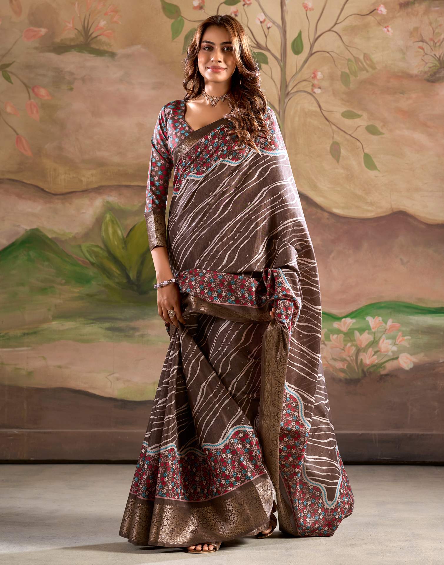 Dark Brown Dola Silk Floral Printed Leheriya Saree