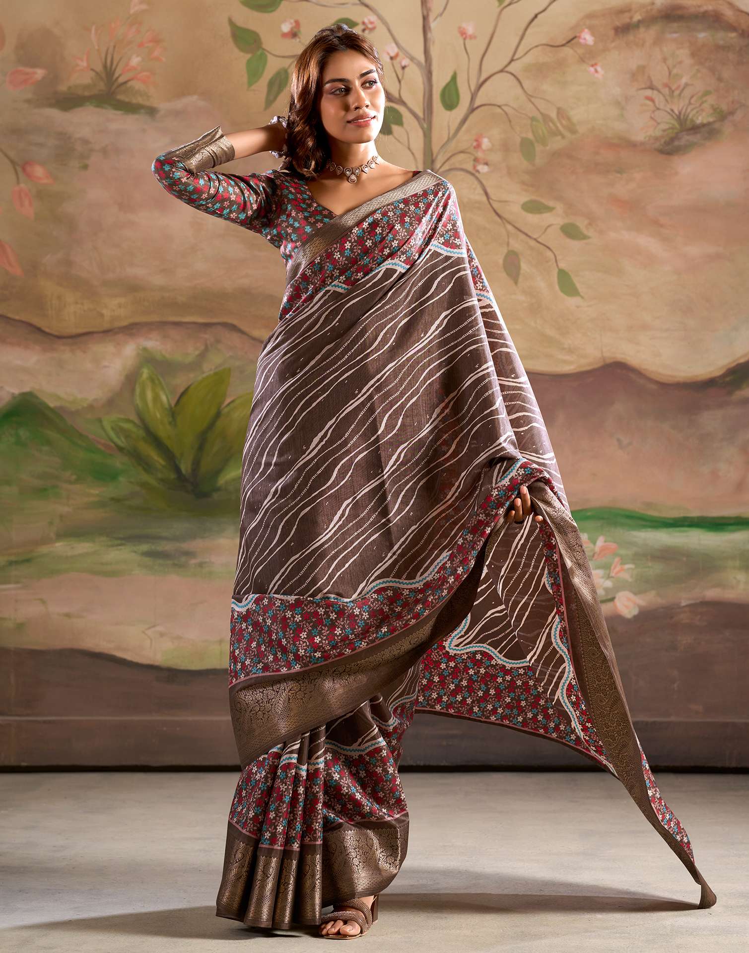 Dark Brown Dola Silk Floral Printed Leheriya Saree