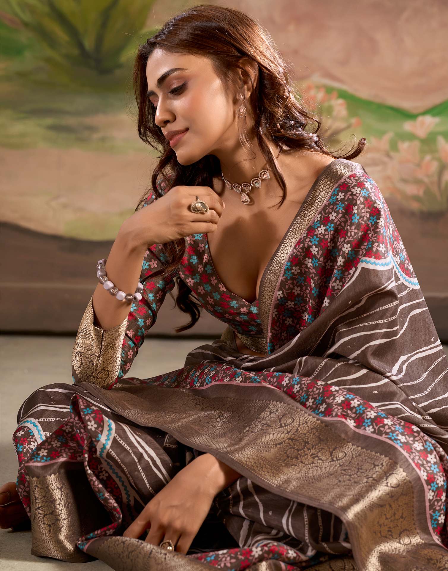 Dark Brown Dola Silk Floral Printed Leheriya Saree