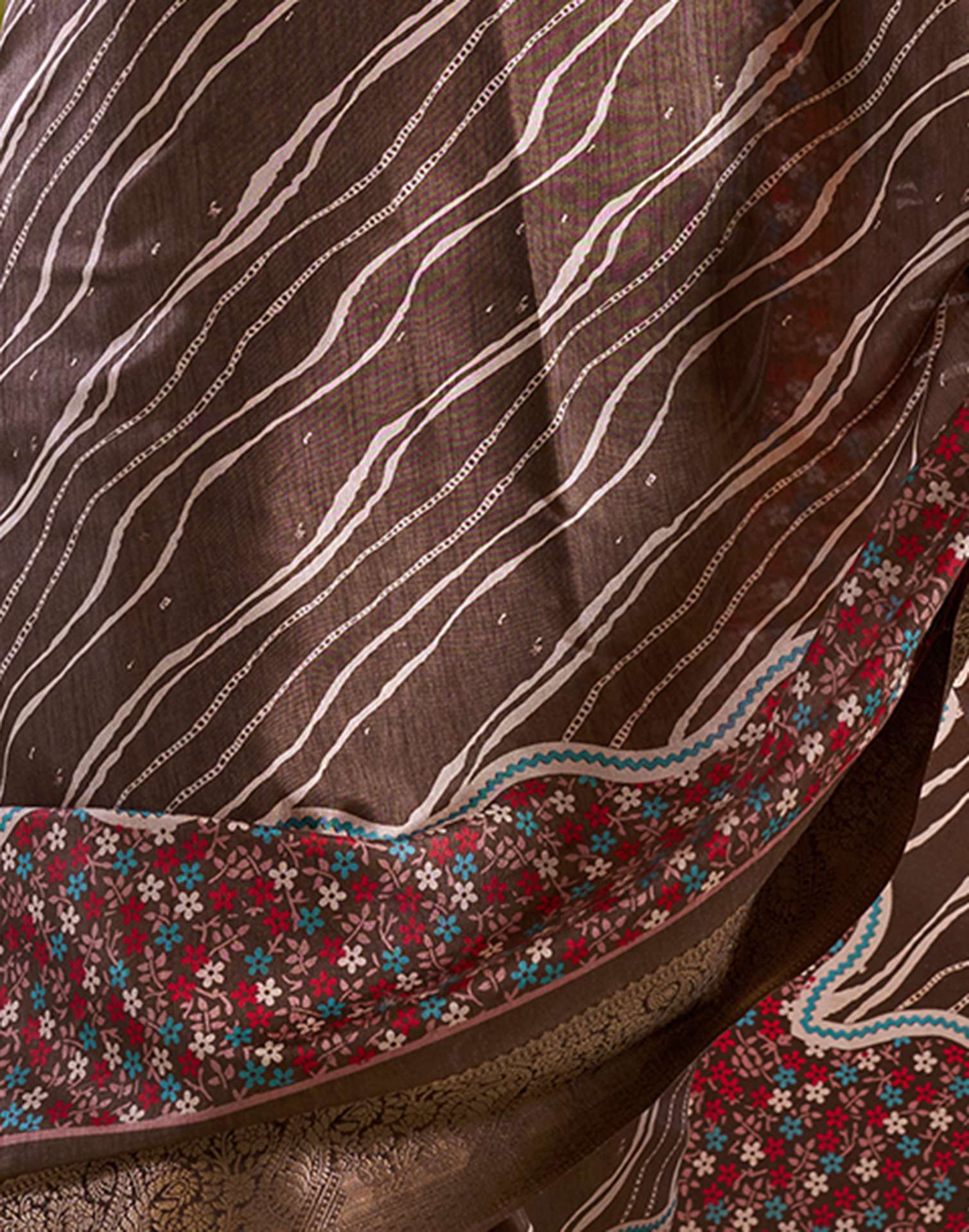Dark Brown Dola Silk Floral Printed Leheriya Saree