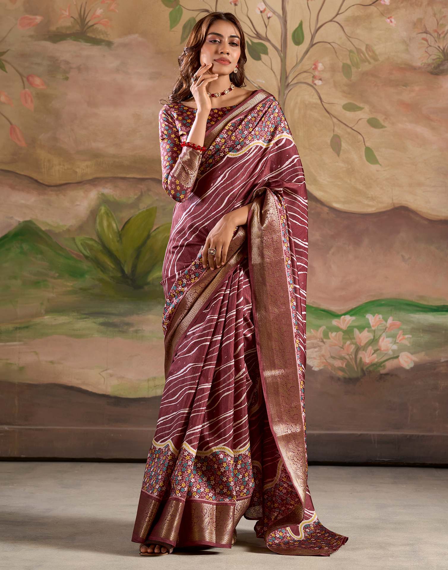 Pastel Maroon Dola Silk Floral Printed Leheriya Saree