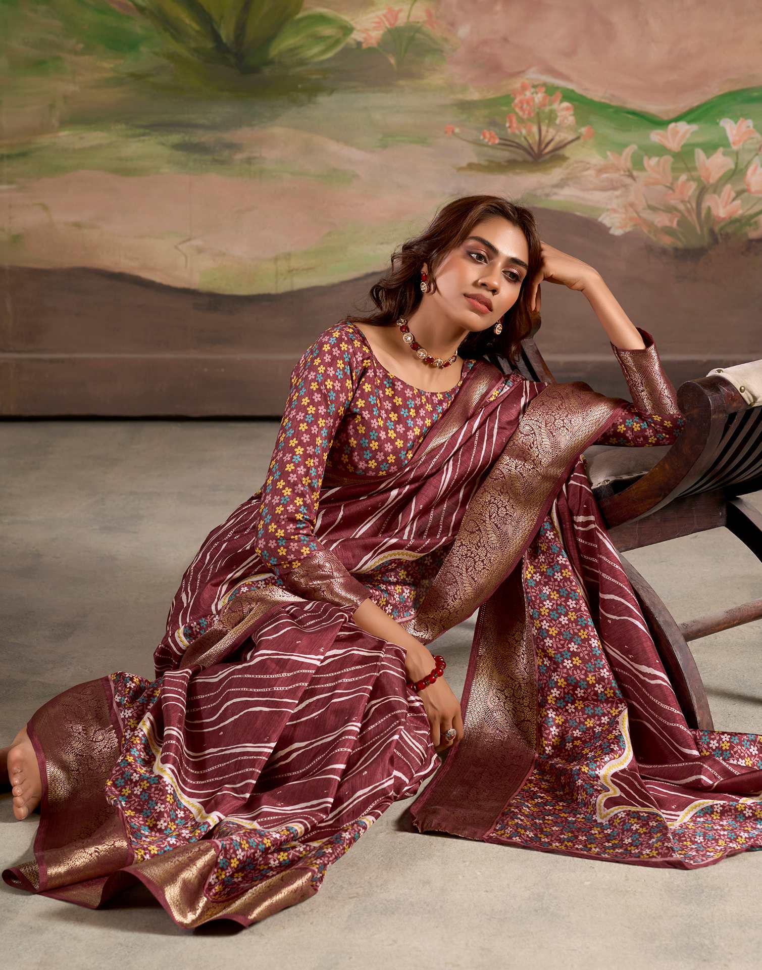 Pastel Maroon Dola Silk Floral Printed Leheriya Saree
