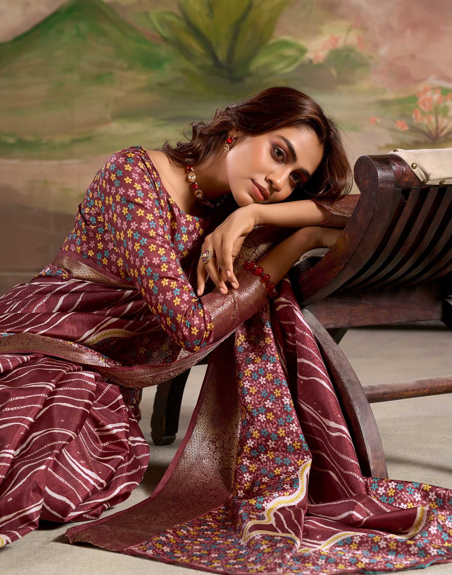 Pastel Maroon Dola Silk Floral Printed Leheriya Saree