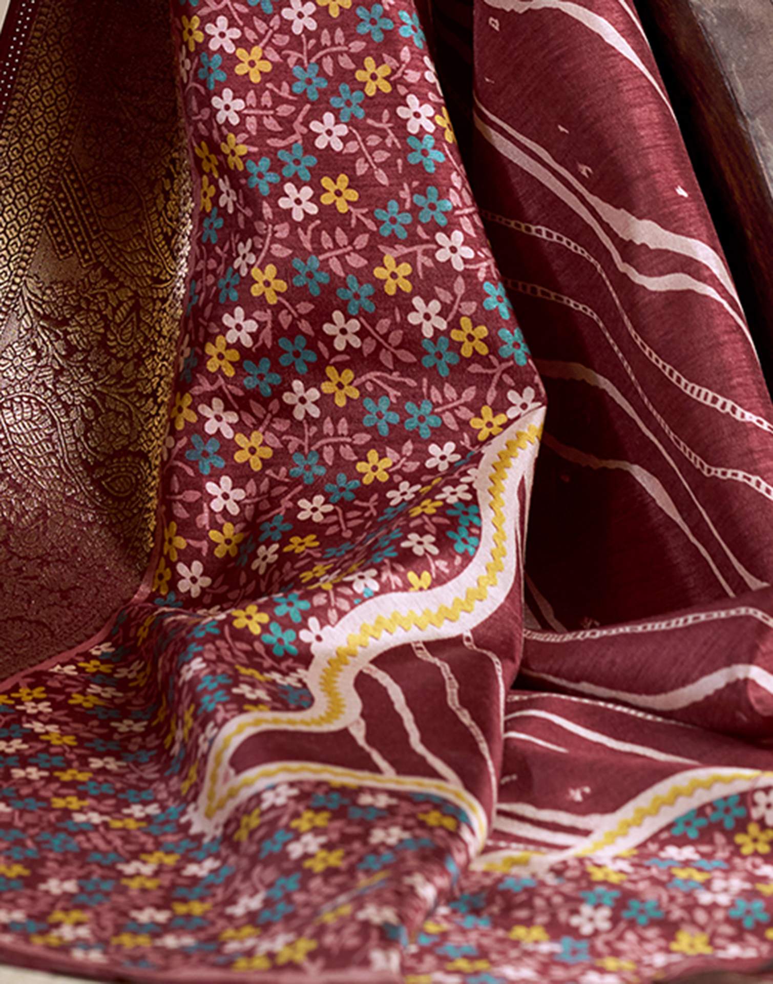 Pastel Maroon Dola Silk Floral Printed Leheriya Saree