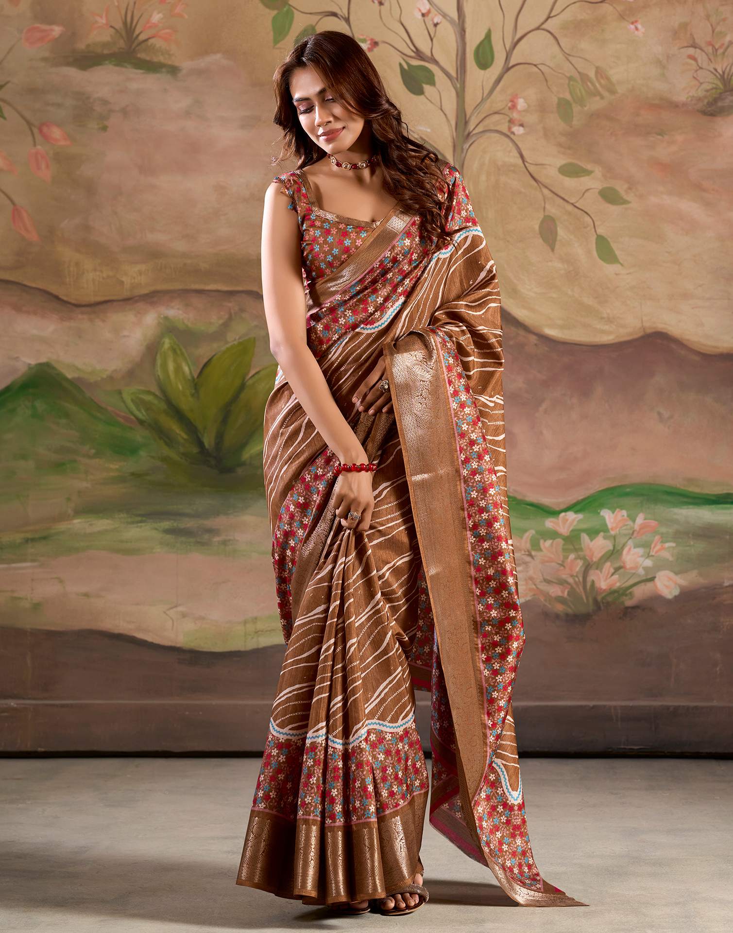 Bronze Brown Dola Silk Floral Printed Leheriya Saree