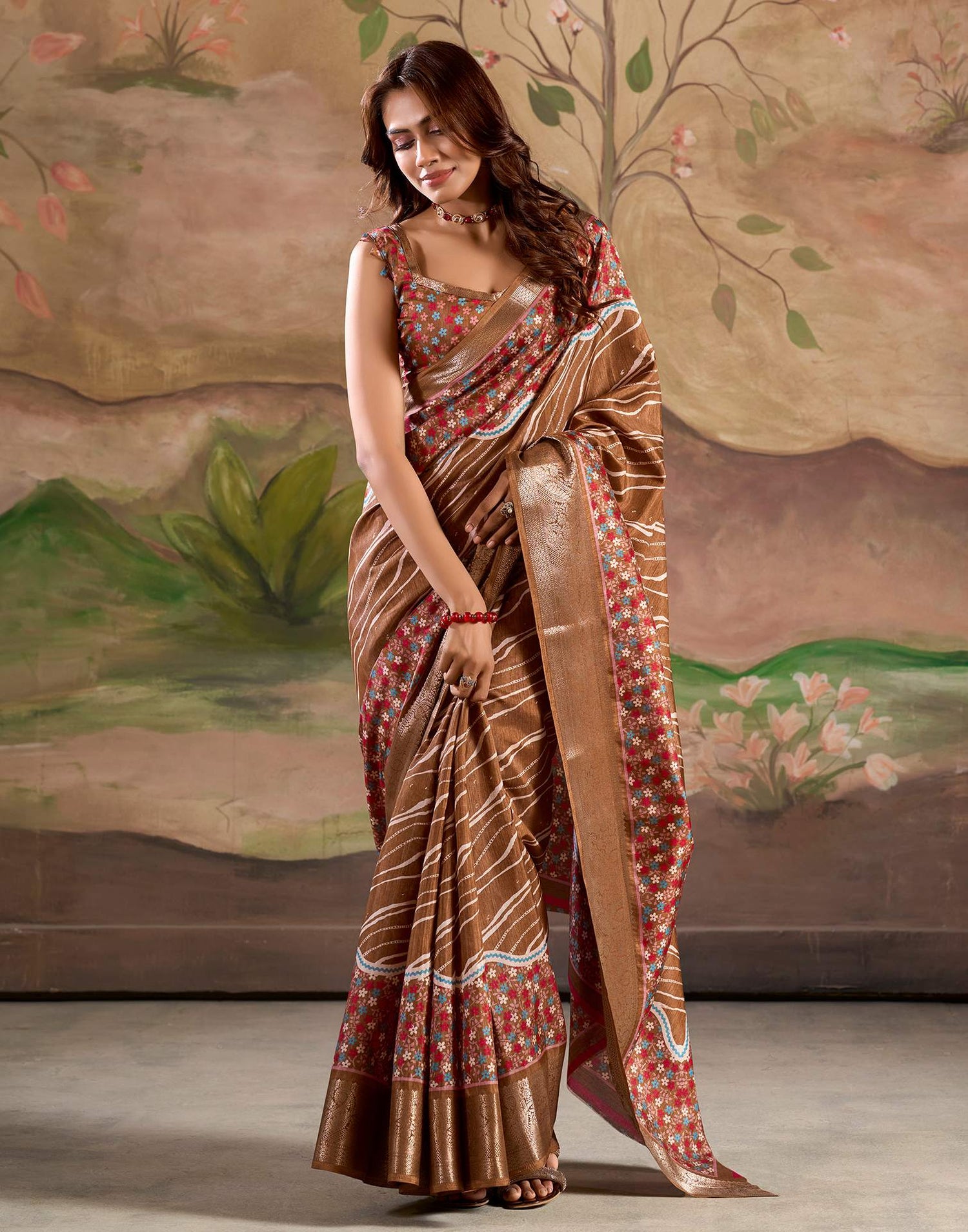 Bronze Brown Dola Silk Floral Printed Leheriya Saree
