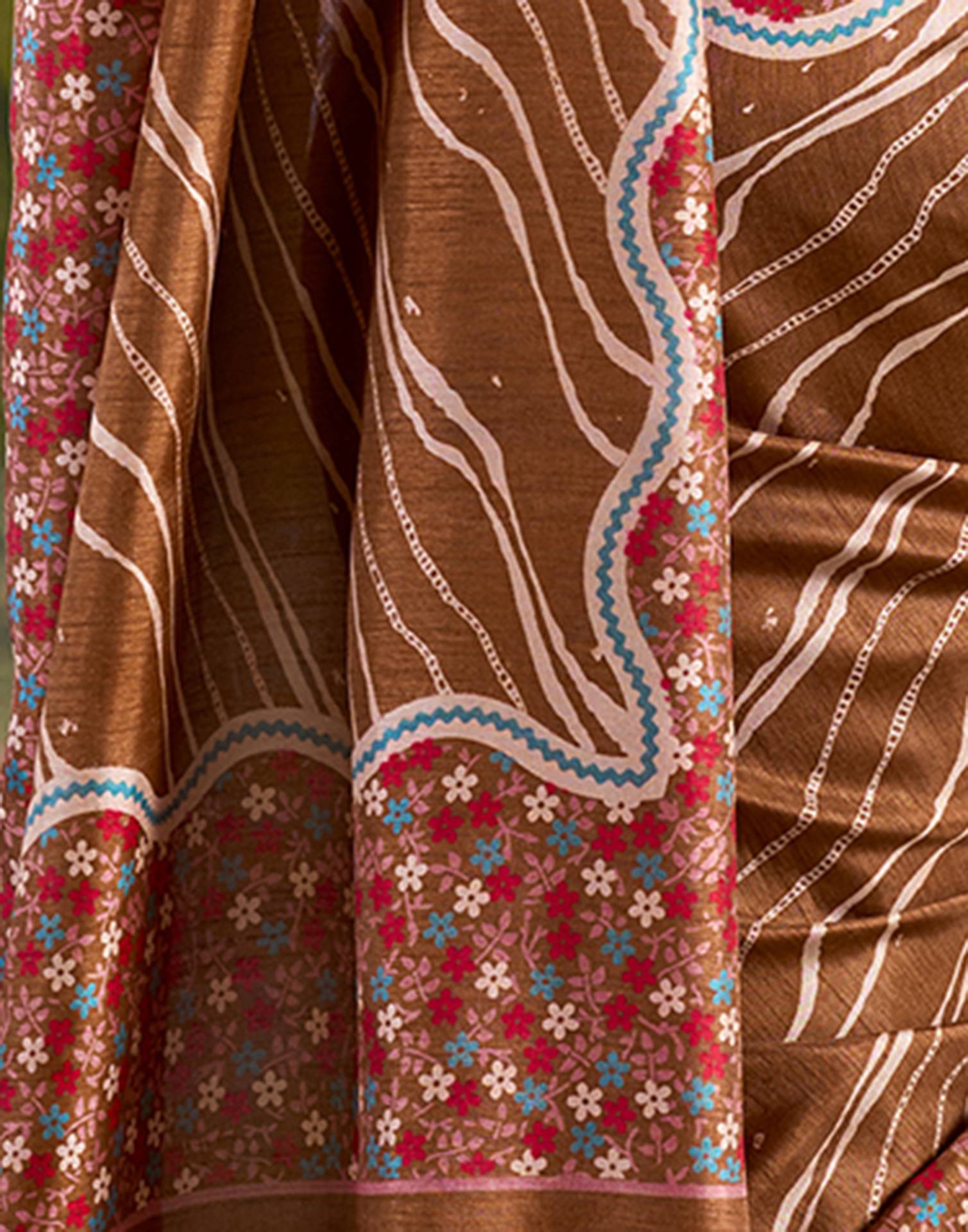 Bronze Brown Dola Silk Floral Printed Leheriya Saree