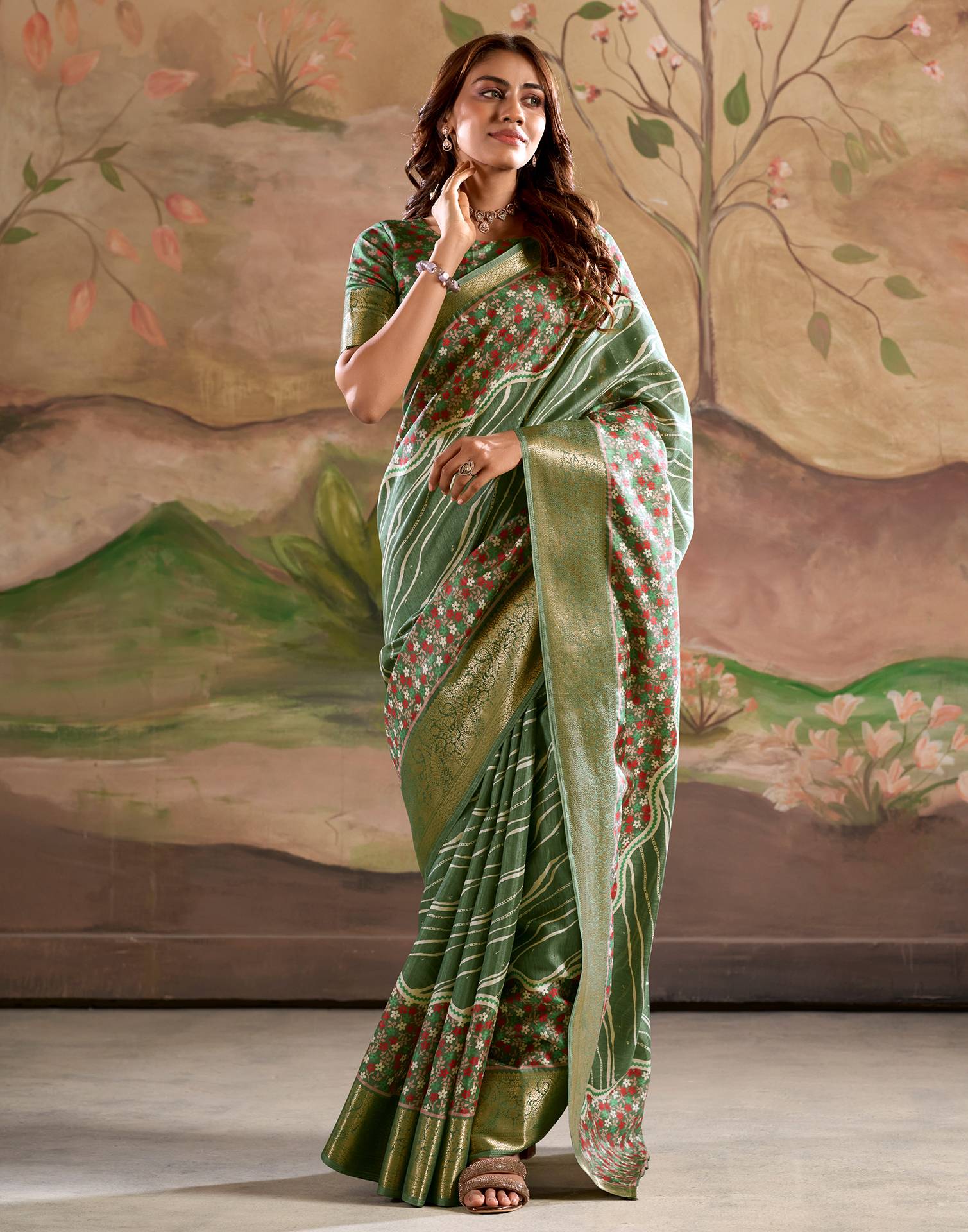 Olive Green Dola Silk Floral Printed Leheriya Saree