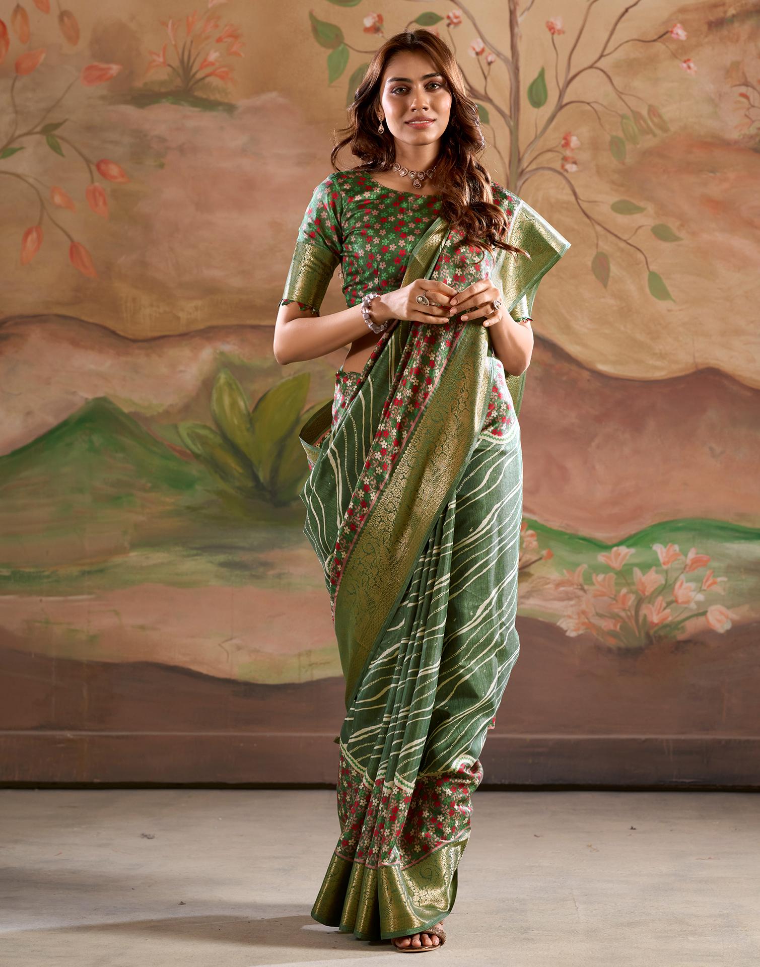Olive Green Dola Silk Floral Printed Leheriya Saree