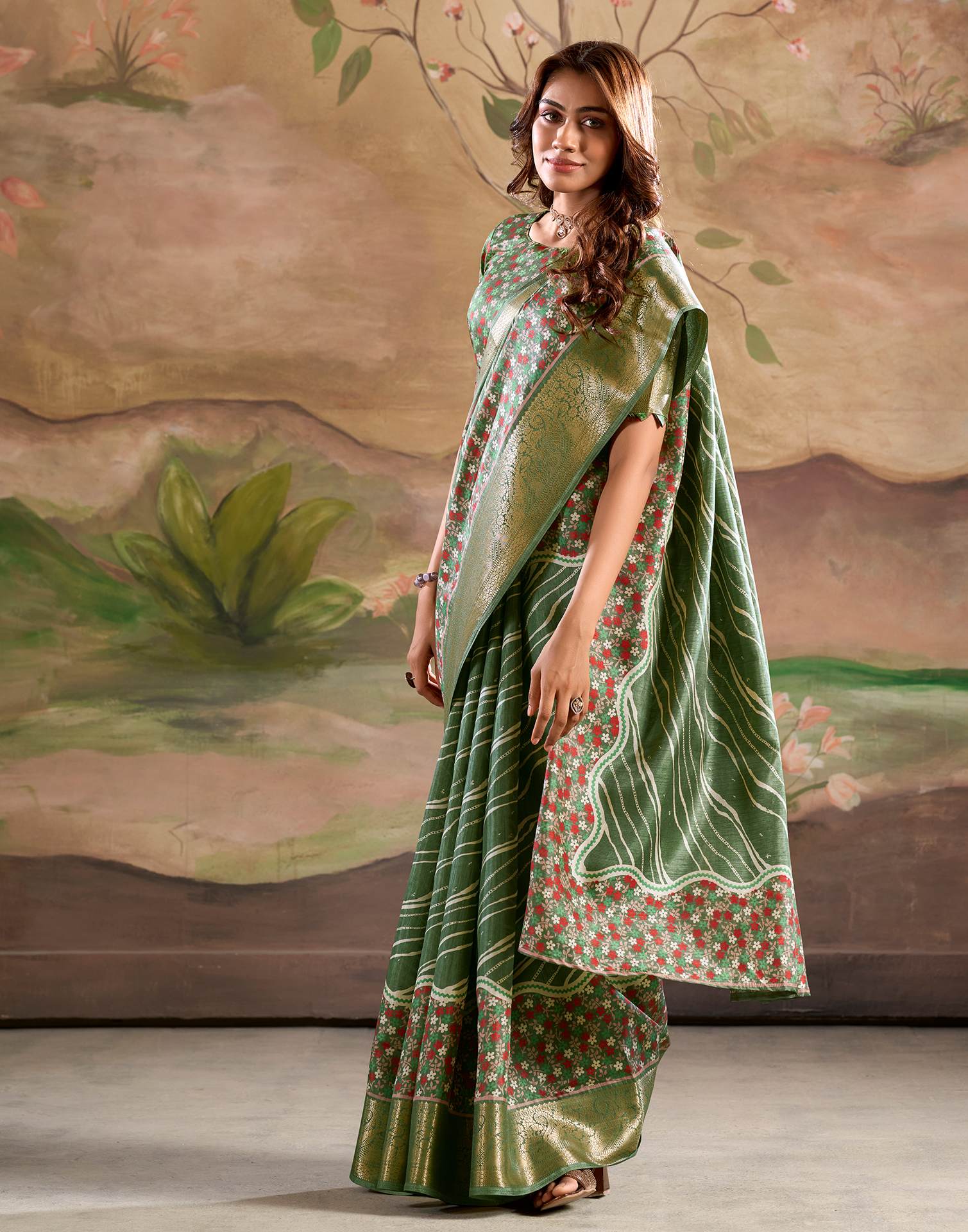 Olive Green Dola Silk Floral Printed Leheriya Saree