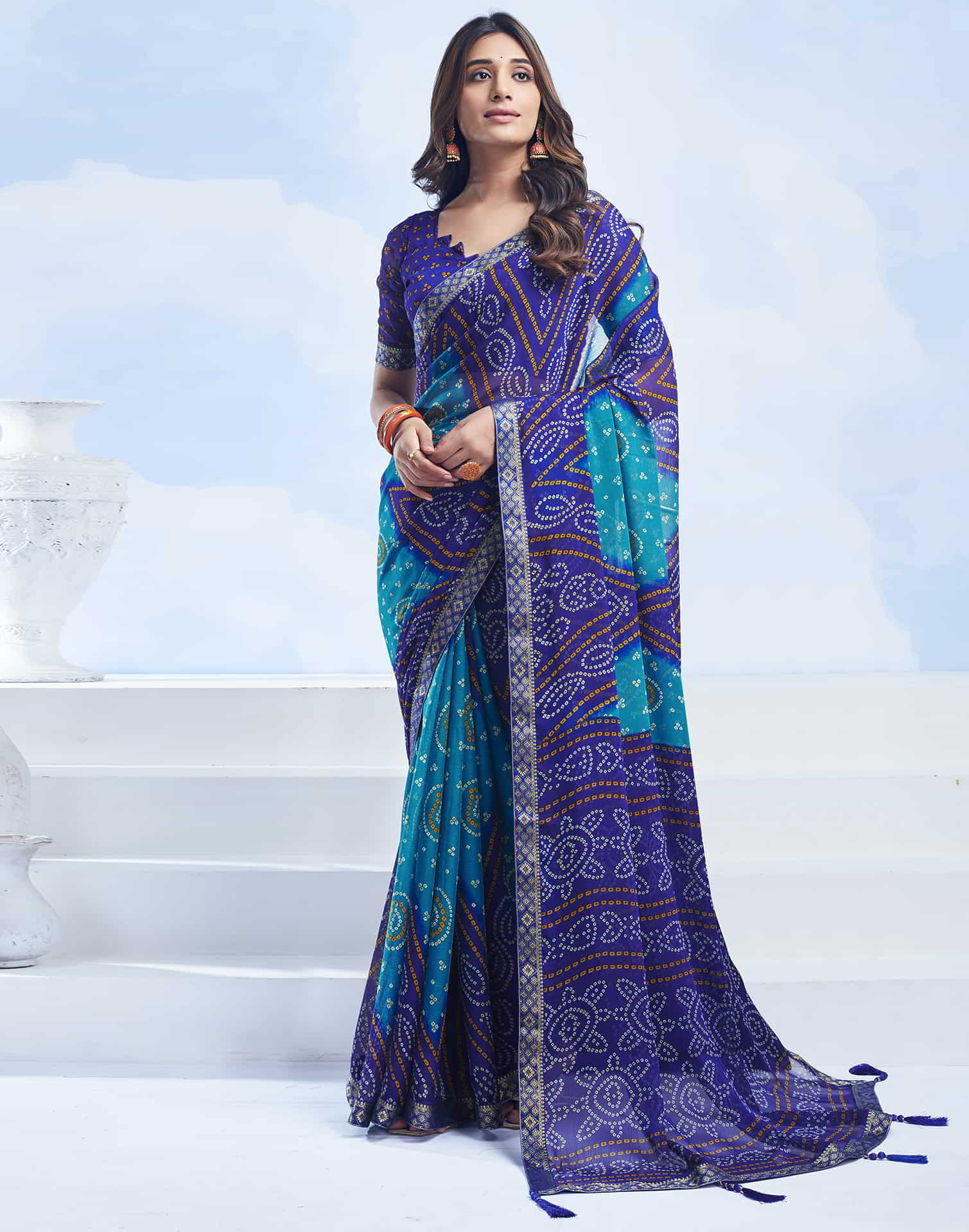 Dark Blue Chiffon Printed Bandhani Saree