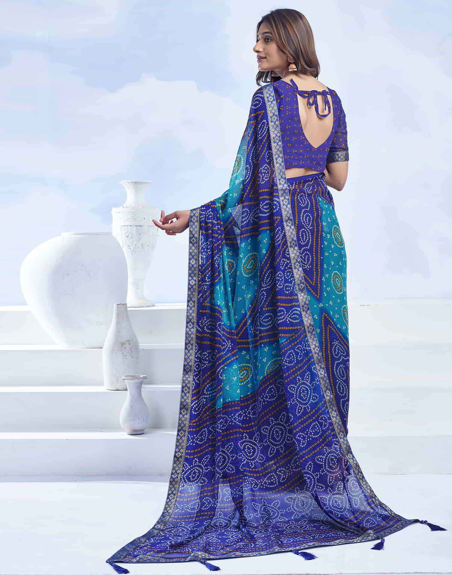Dark Blue Chiffon Printed Bandhani Saree