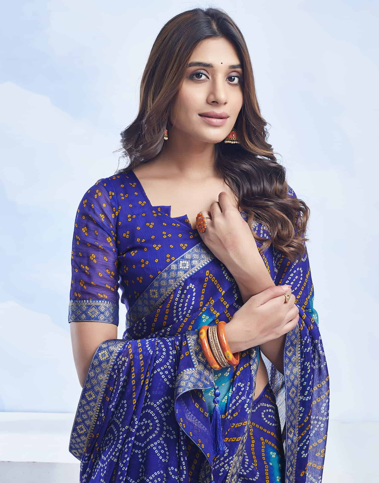 Dark Blue Chiffon Printed Bandhani Saree