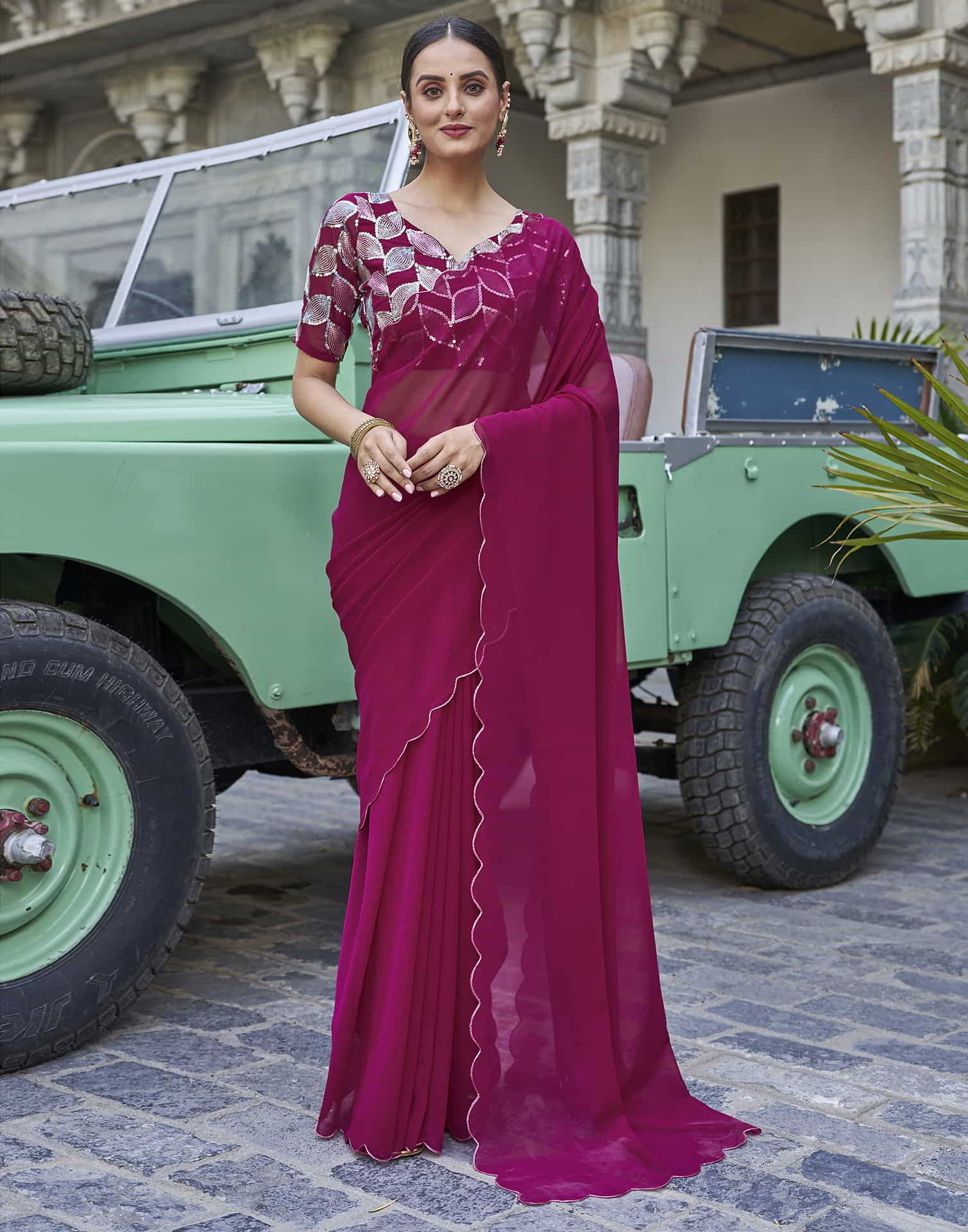 Deep Pink Georgette Plain Saree