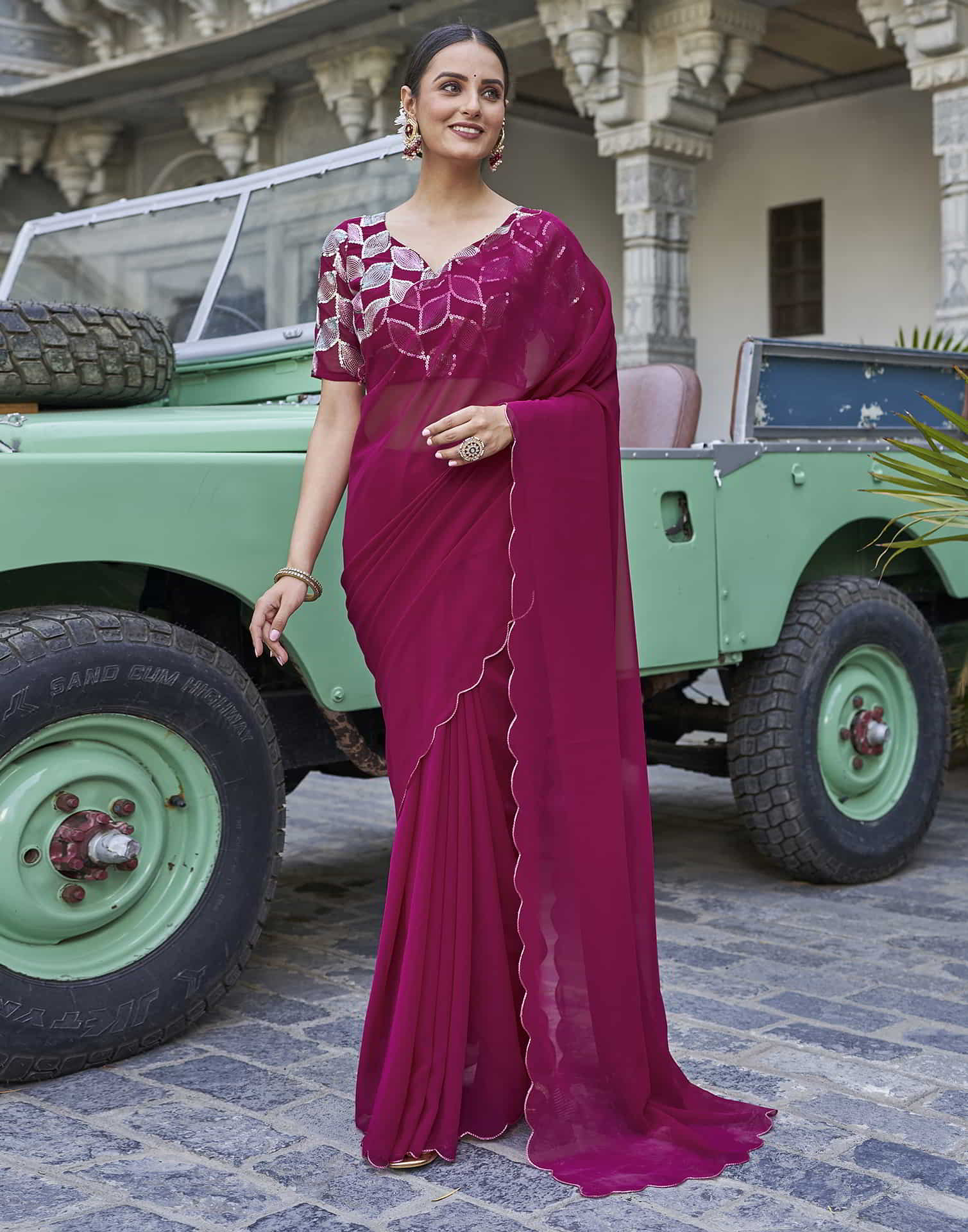 Deep Pink Georgette Plain Saree