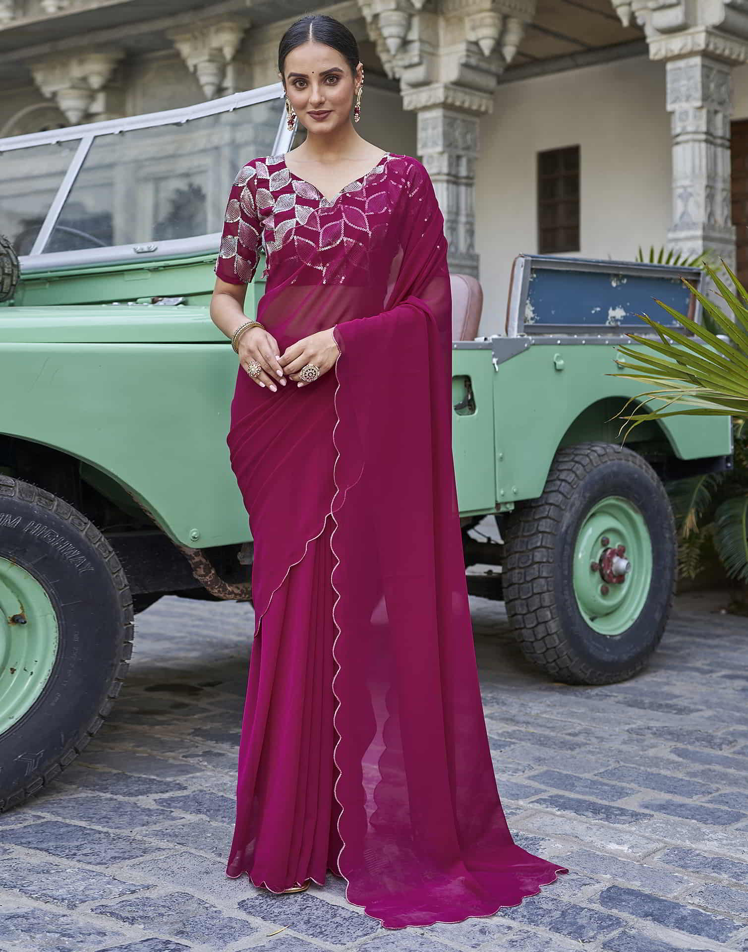 Deep Pink Georgette Plain Saree