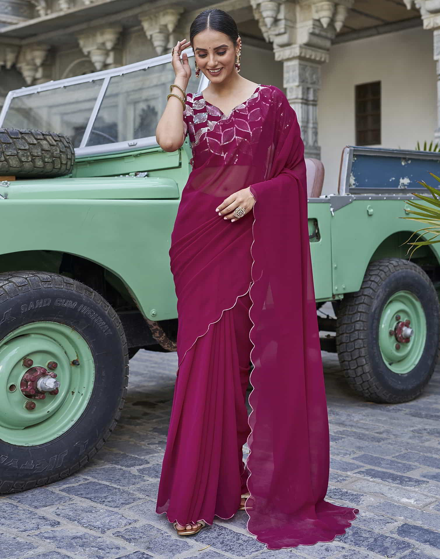 Deep Pink Georgette Plain Saree