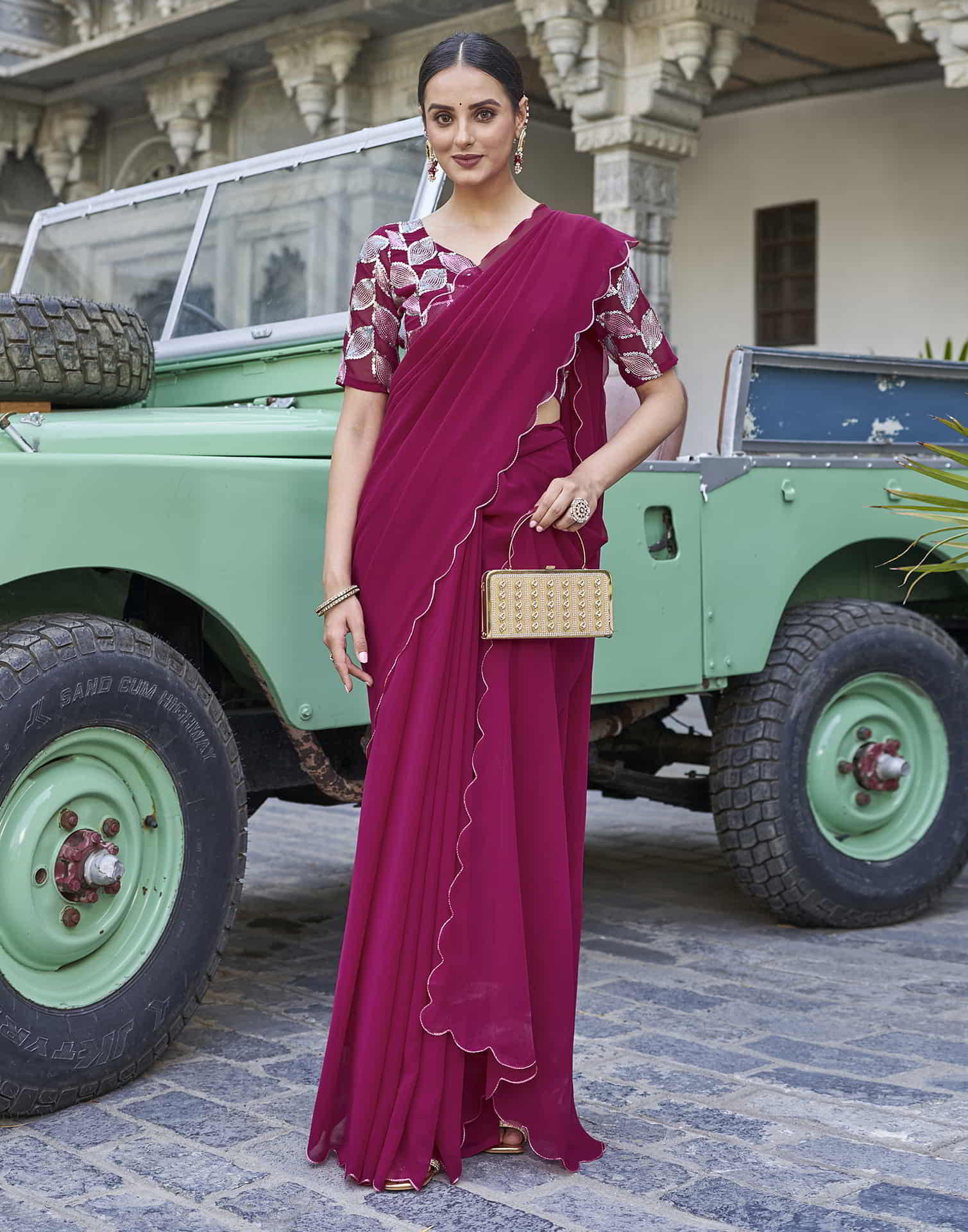 Deep Pink Georgette Plain Saree