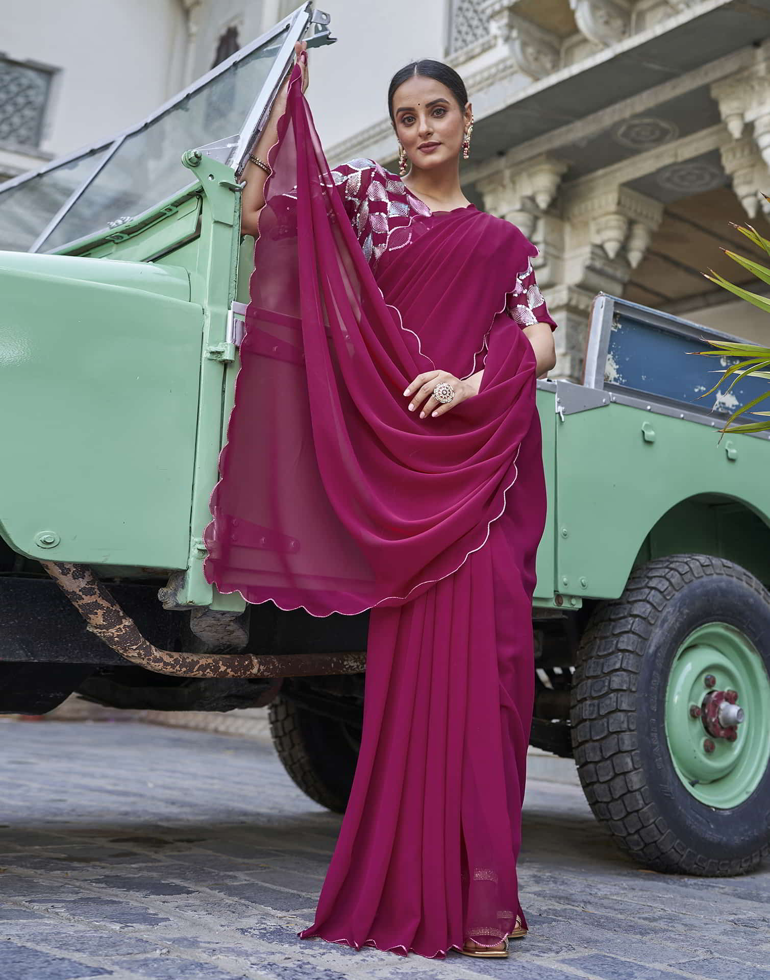 Deep Pink Georgette Plain Saree