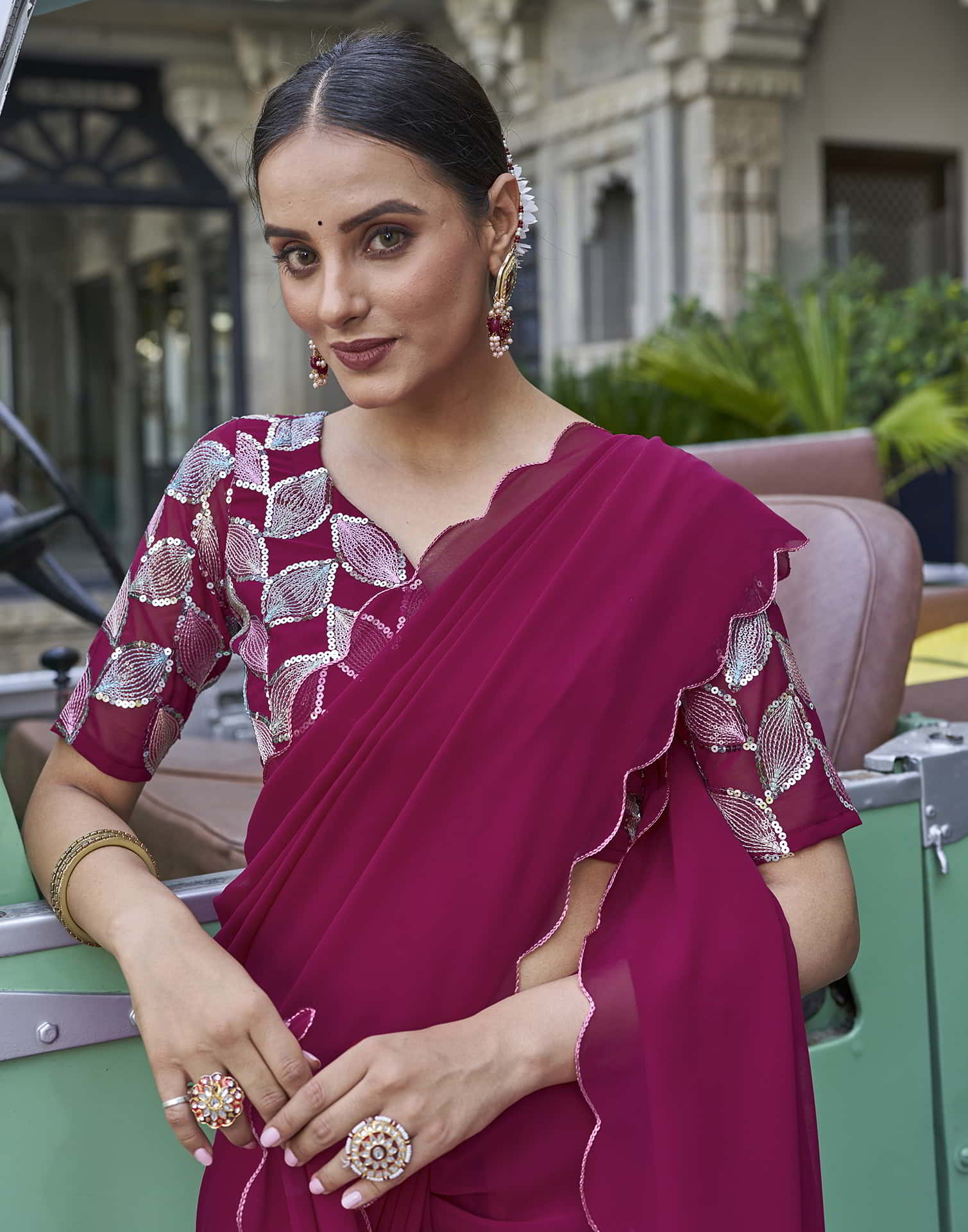 Deep Pink Georgette Plain Saree
