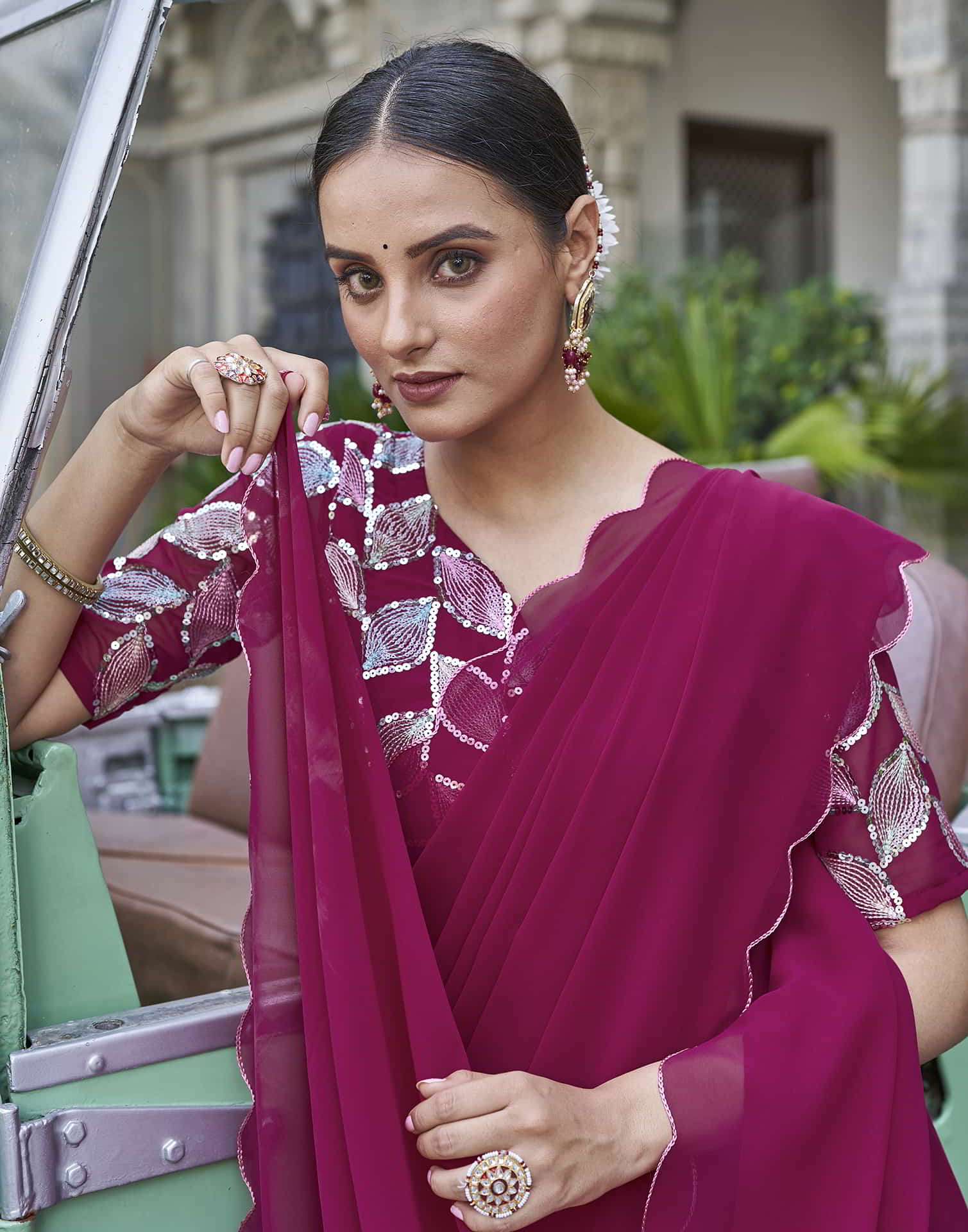 Deep Pink Georgette Plain Saree