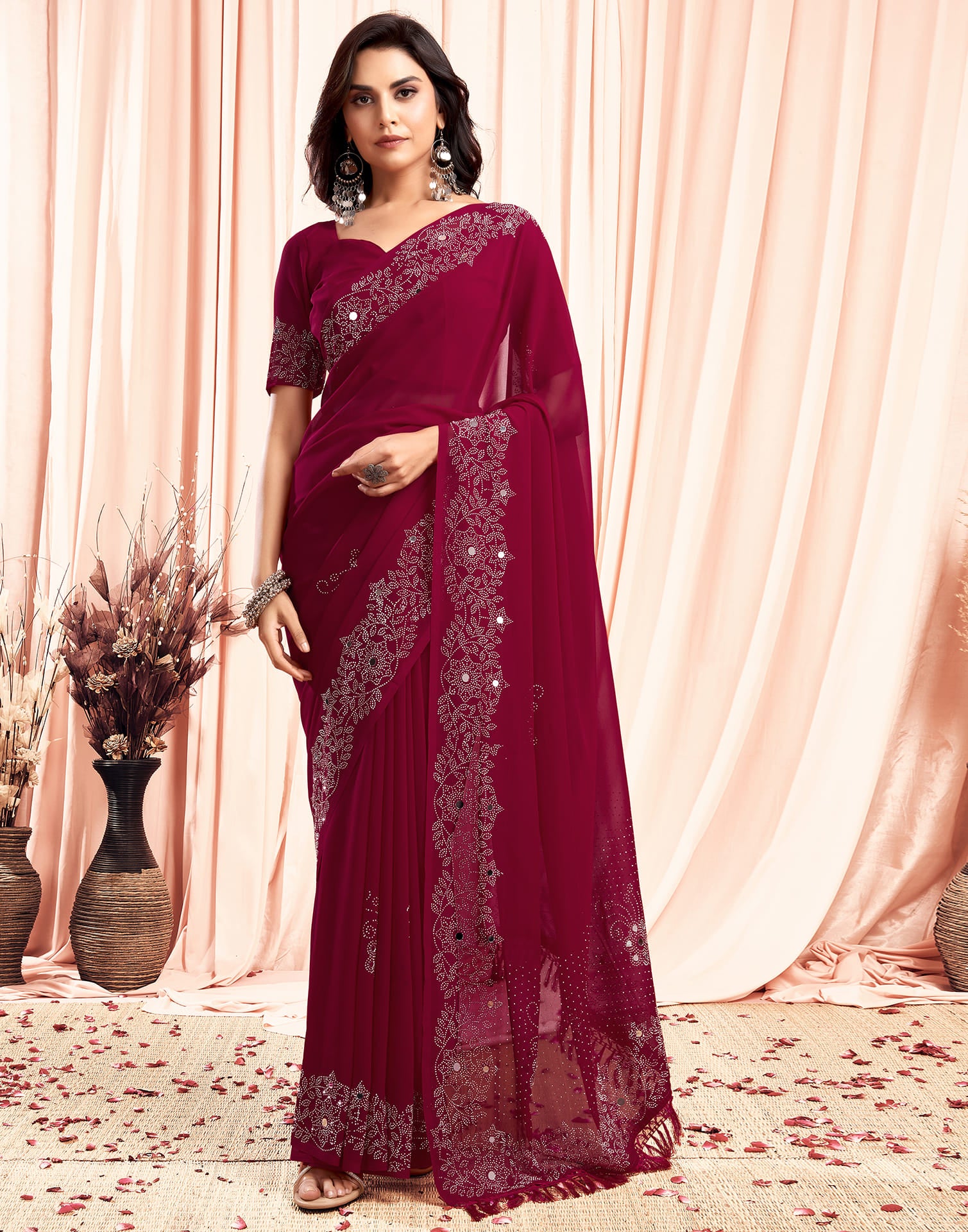 Red Swarovski Georgette Stone Work Saree