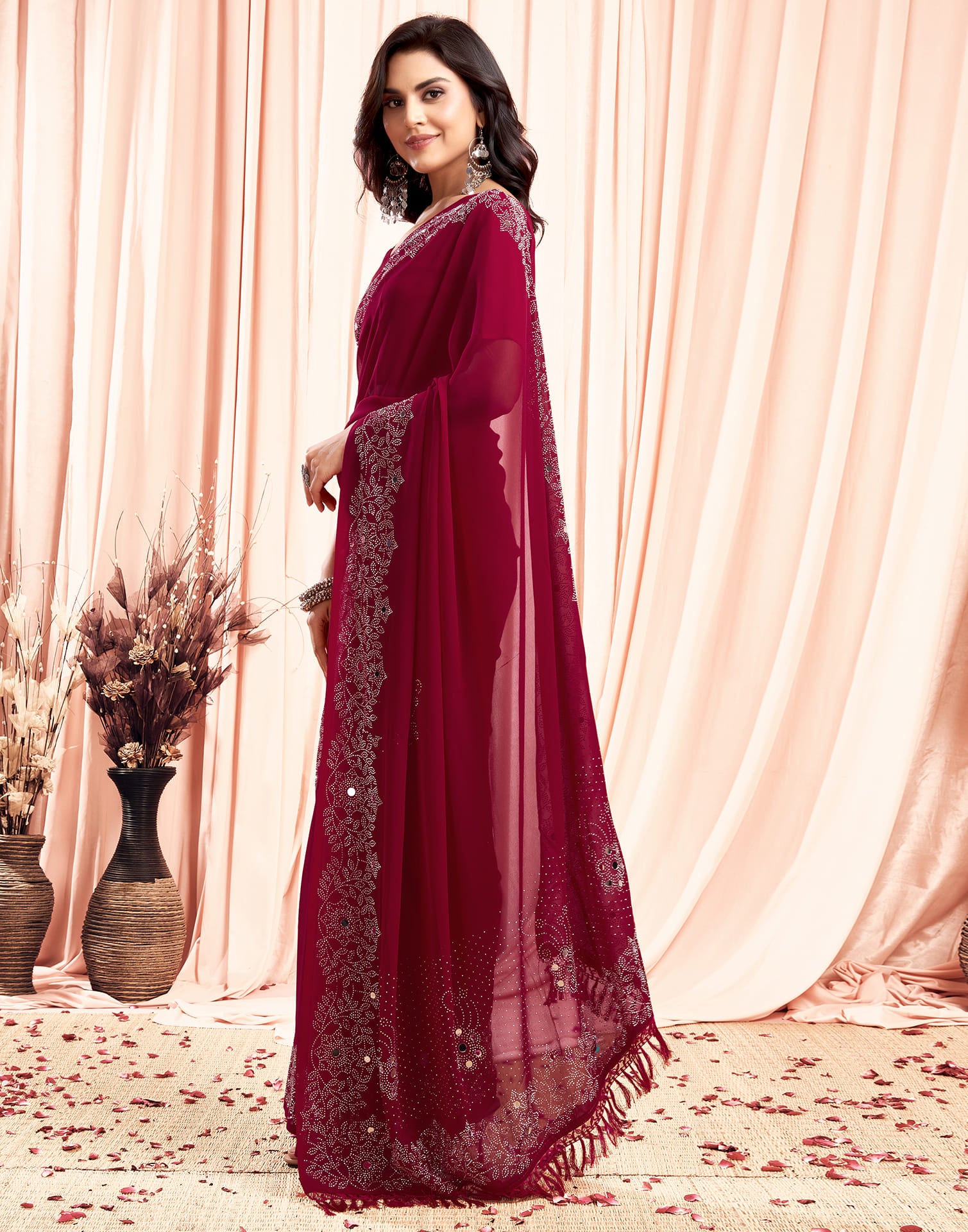 Red Swarovski Georgette Stone Work Saree