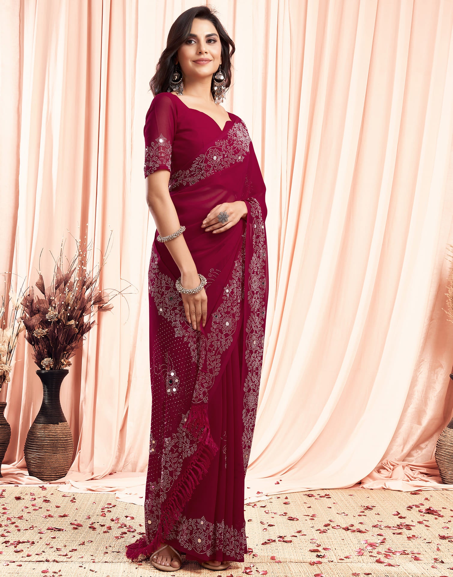 Red Swarovski Georgette Stone Work Saree