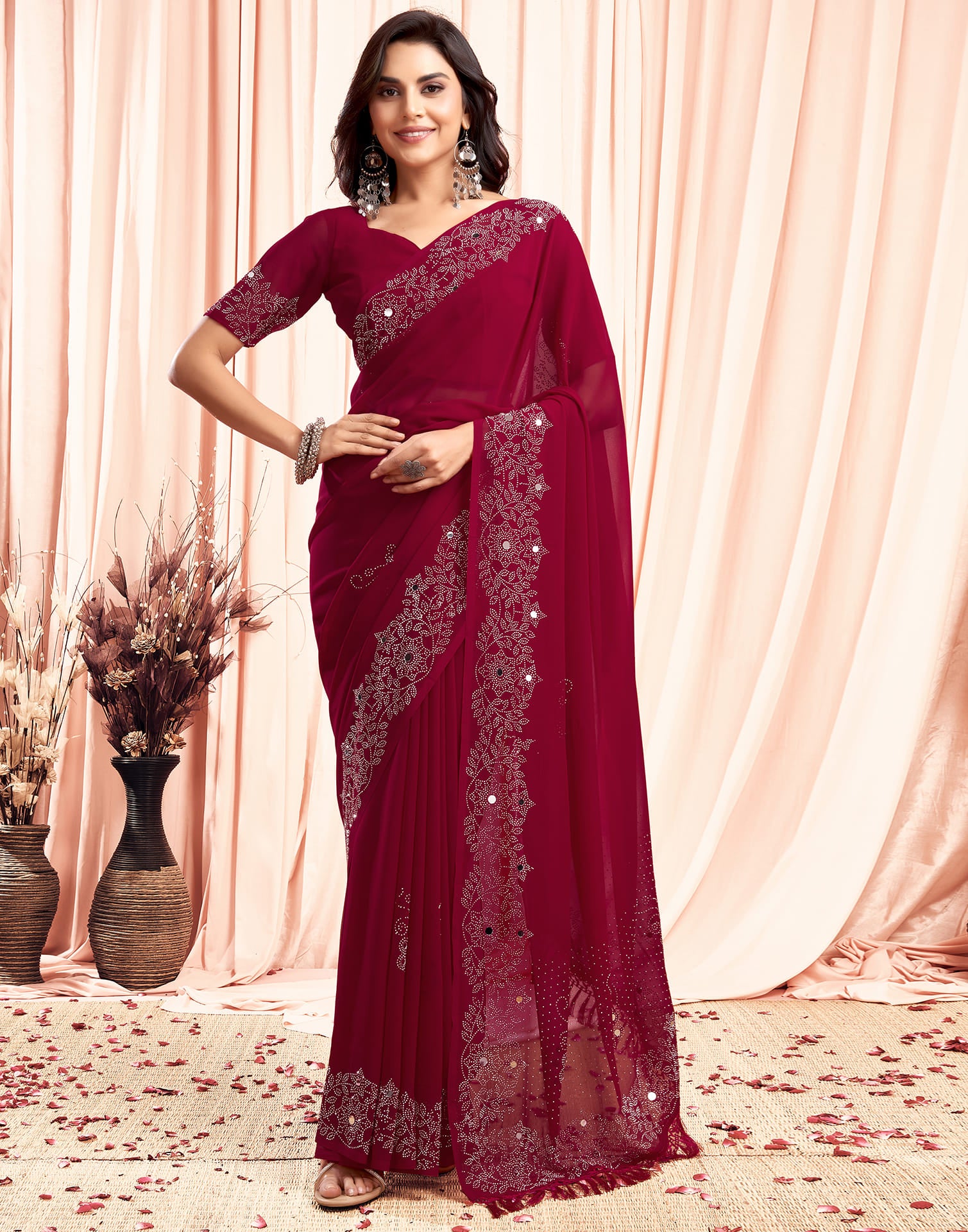 Red Swarovski Georgette Stone Work Saree
