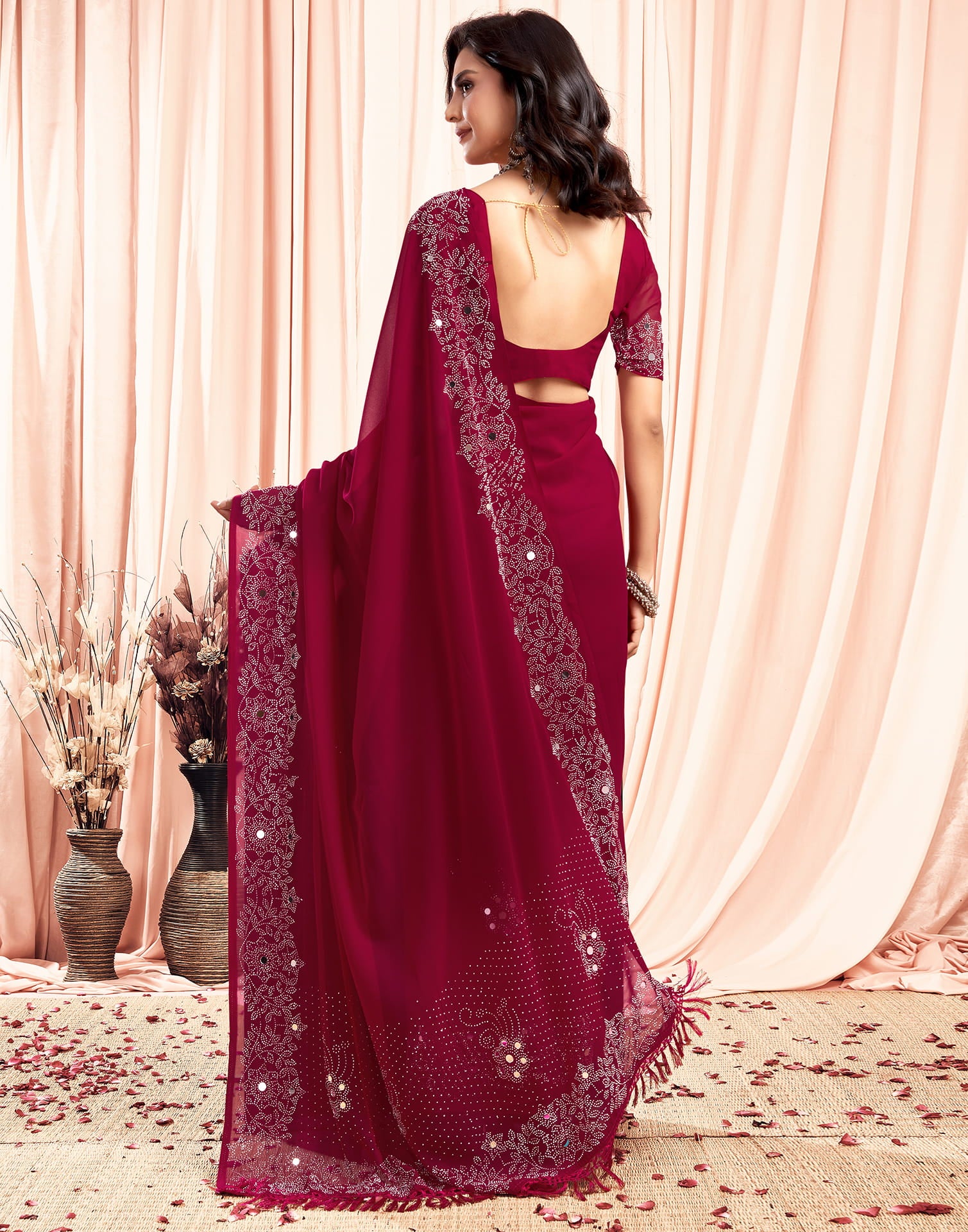 Red Swarovski Georgette Stone Work Saree