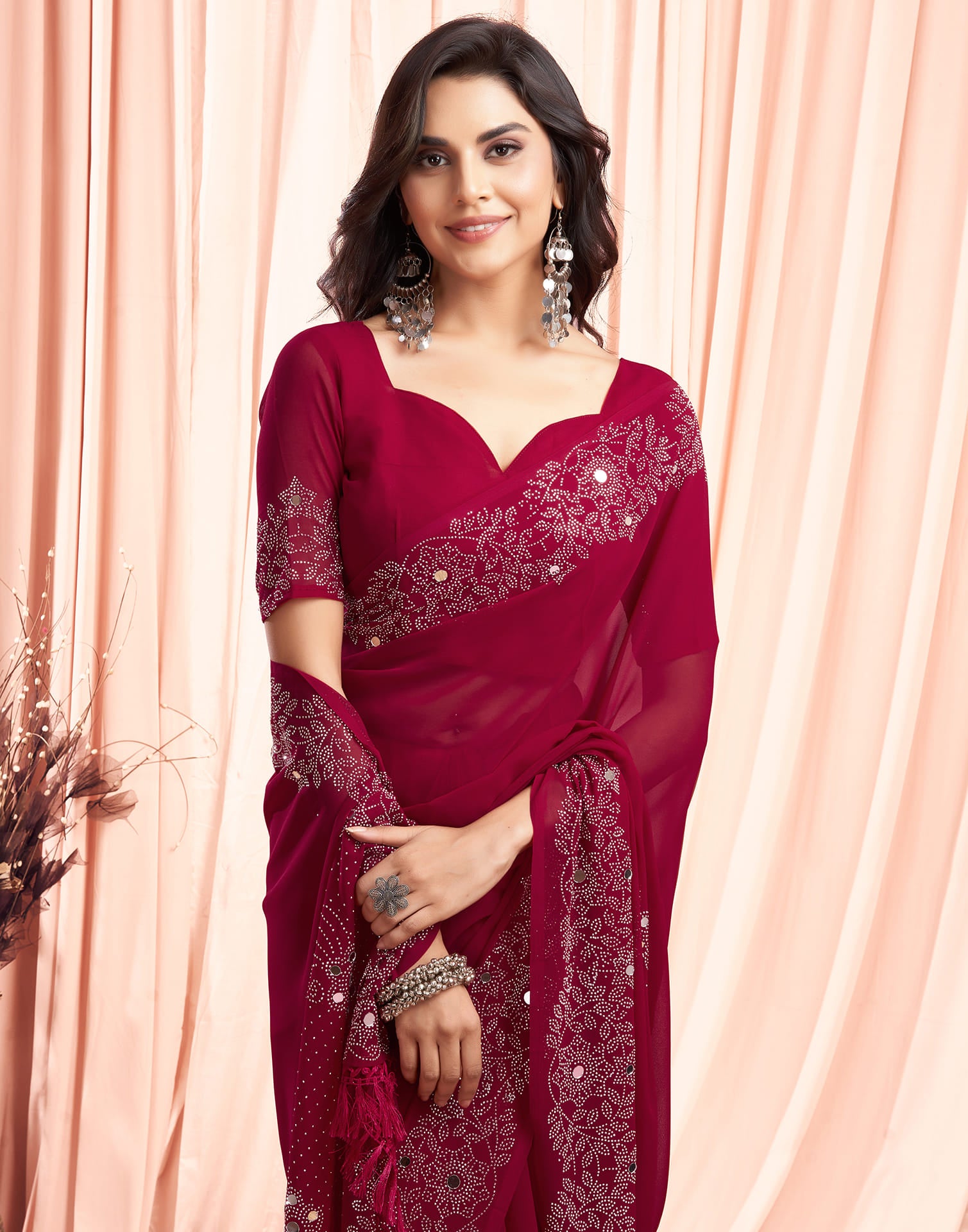 Red Swarovski Georgette Stone Work Saree