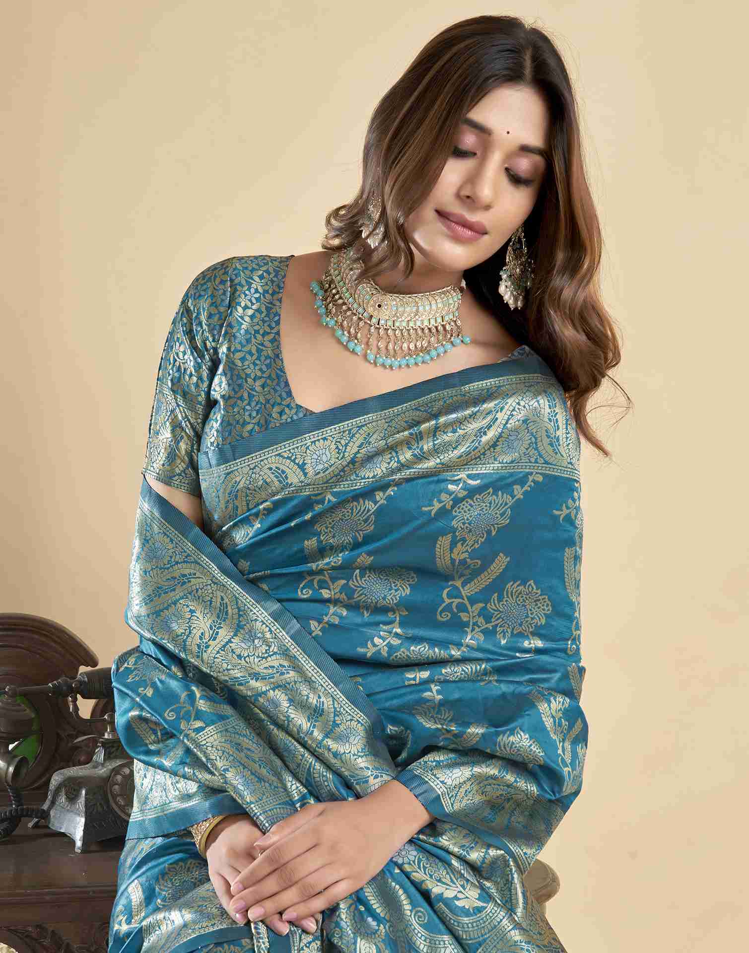 Rama Blue Silk Woven Banarasi Saree