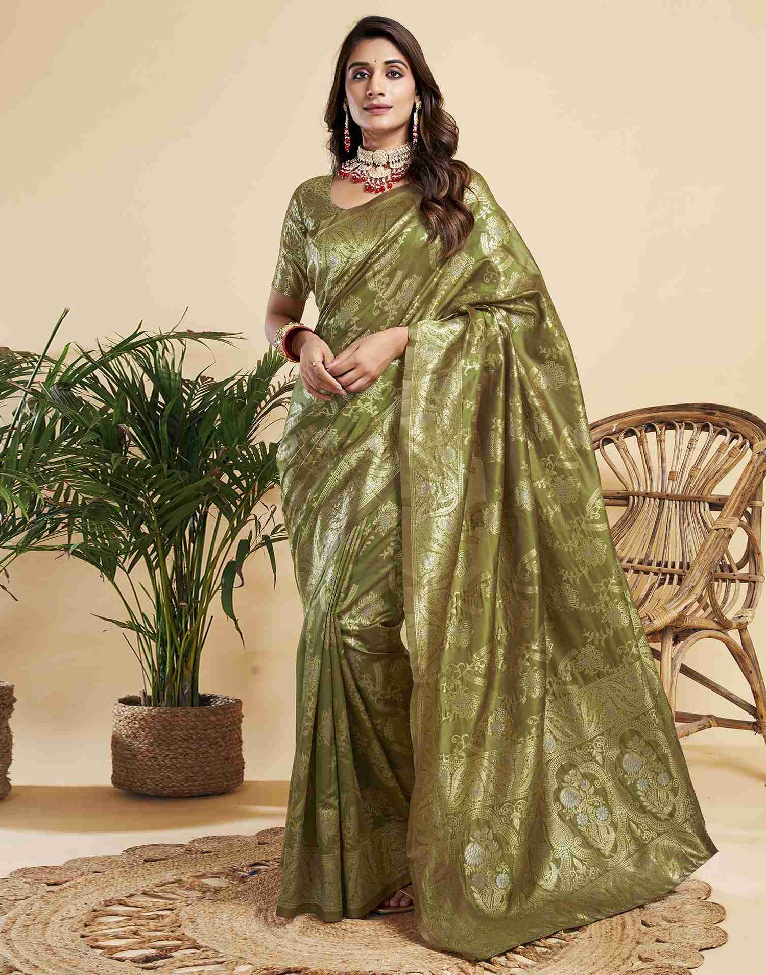 Olive Green Silk Woven Banarasi Saree