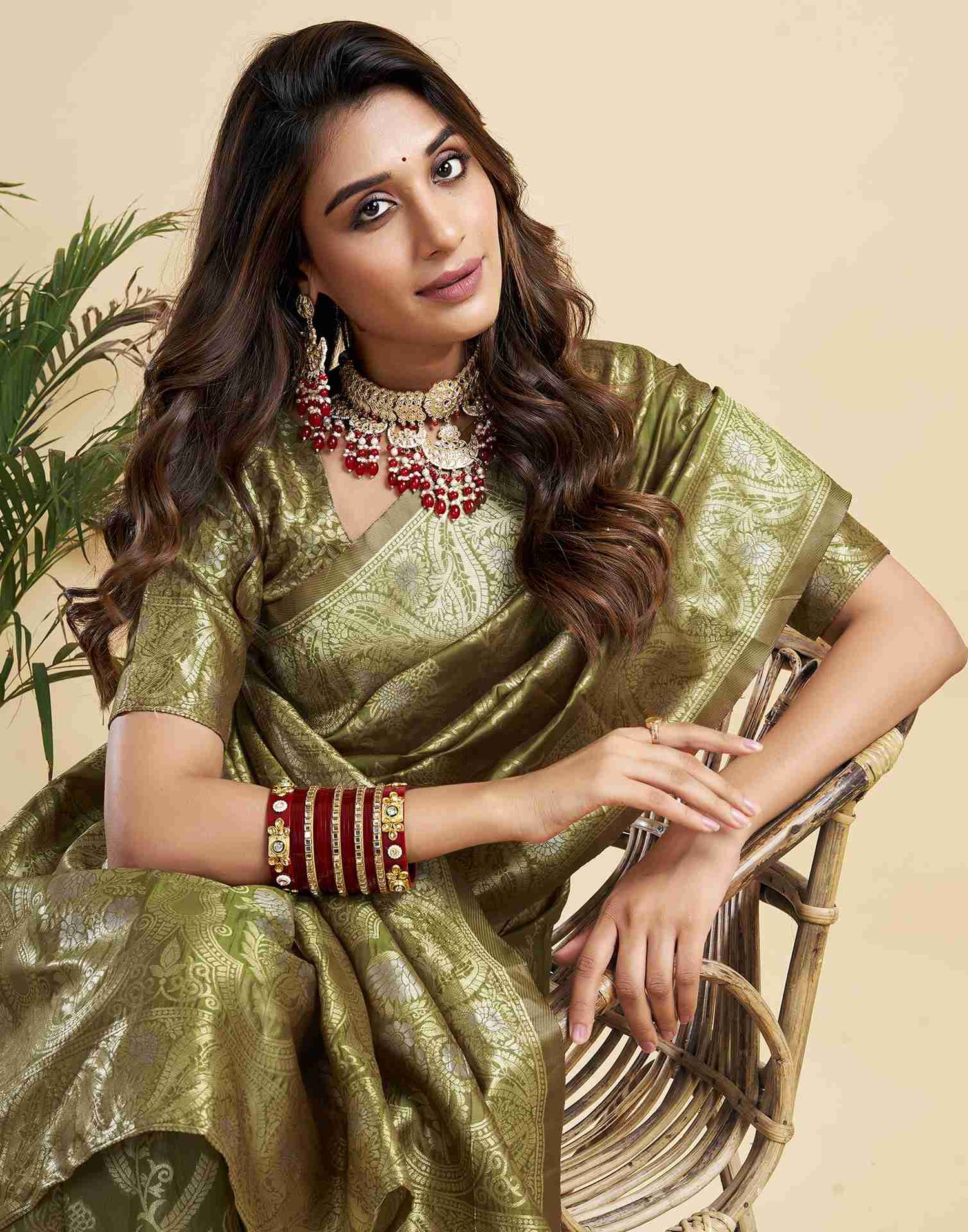 Olive Green Silk Woven Banarasi Saree