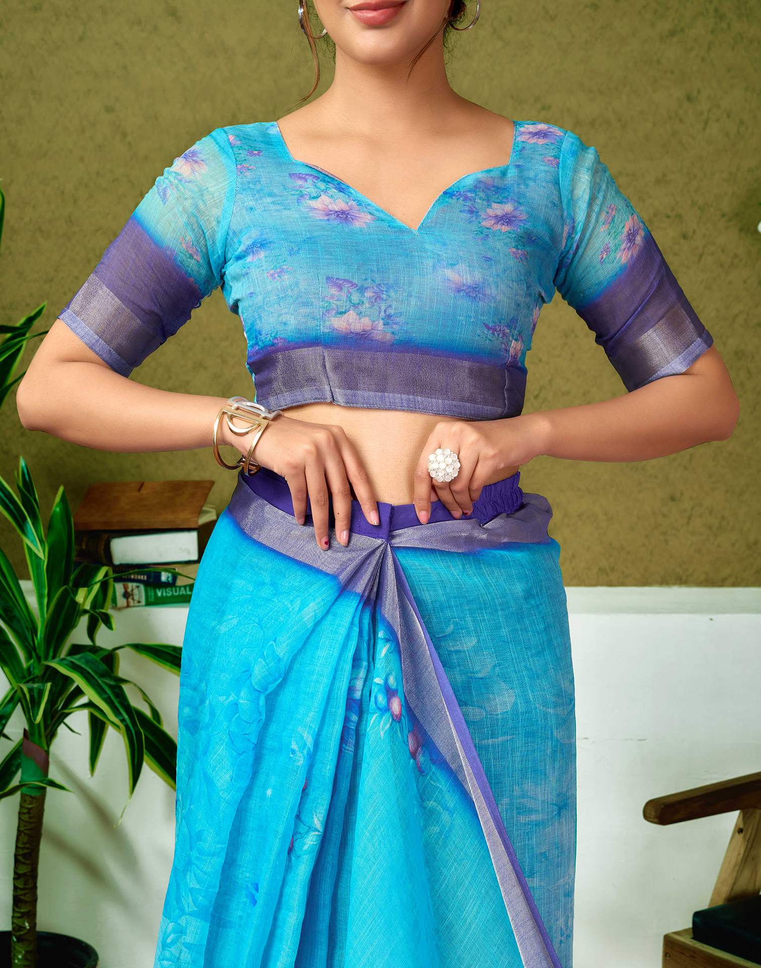 Ready To Wear Blue Printed Linen Saree