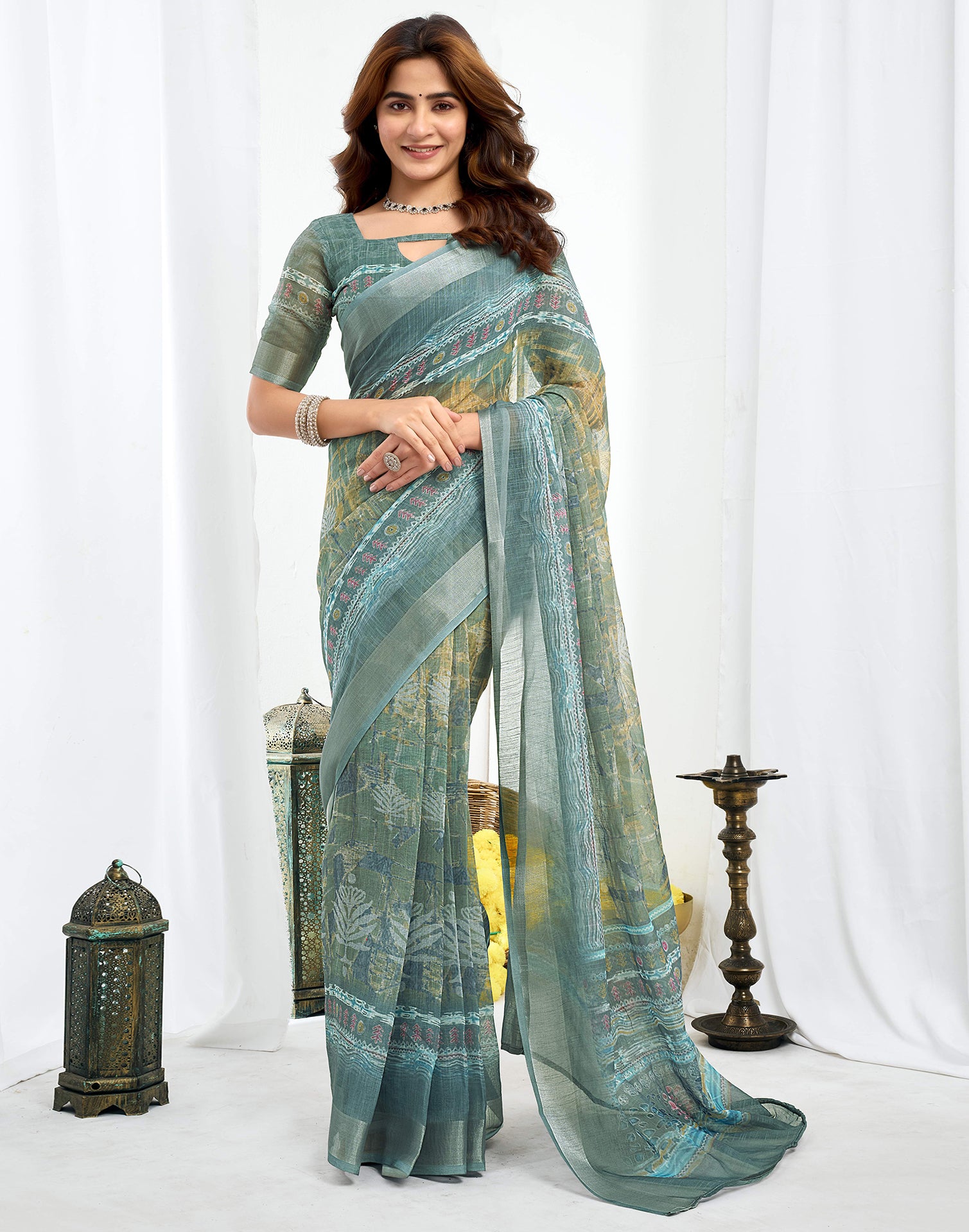 Ready To Wear Dusty Green Printed Linen Saree
