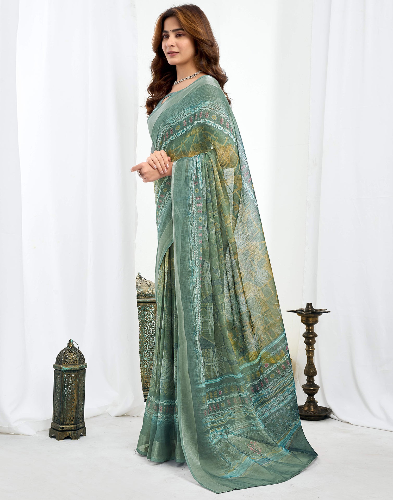 Ready To Wear Dusty Green Printed Linen Saree