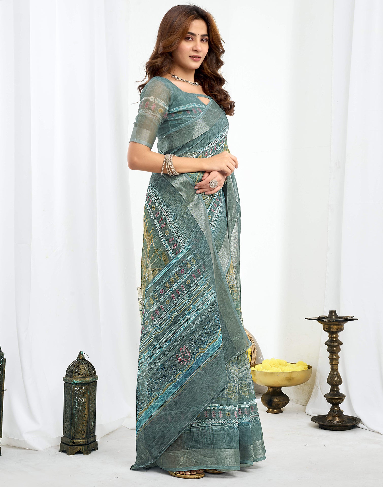Ready To Wear Dusty Green Printed Linen Saree