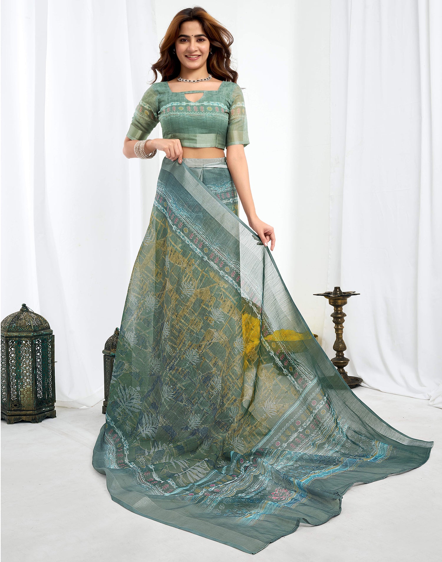 Ready To Wear Dusty Green Printed Linen Saree
