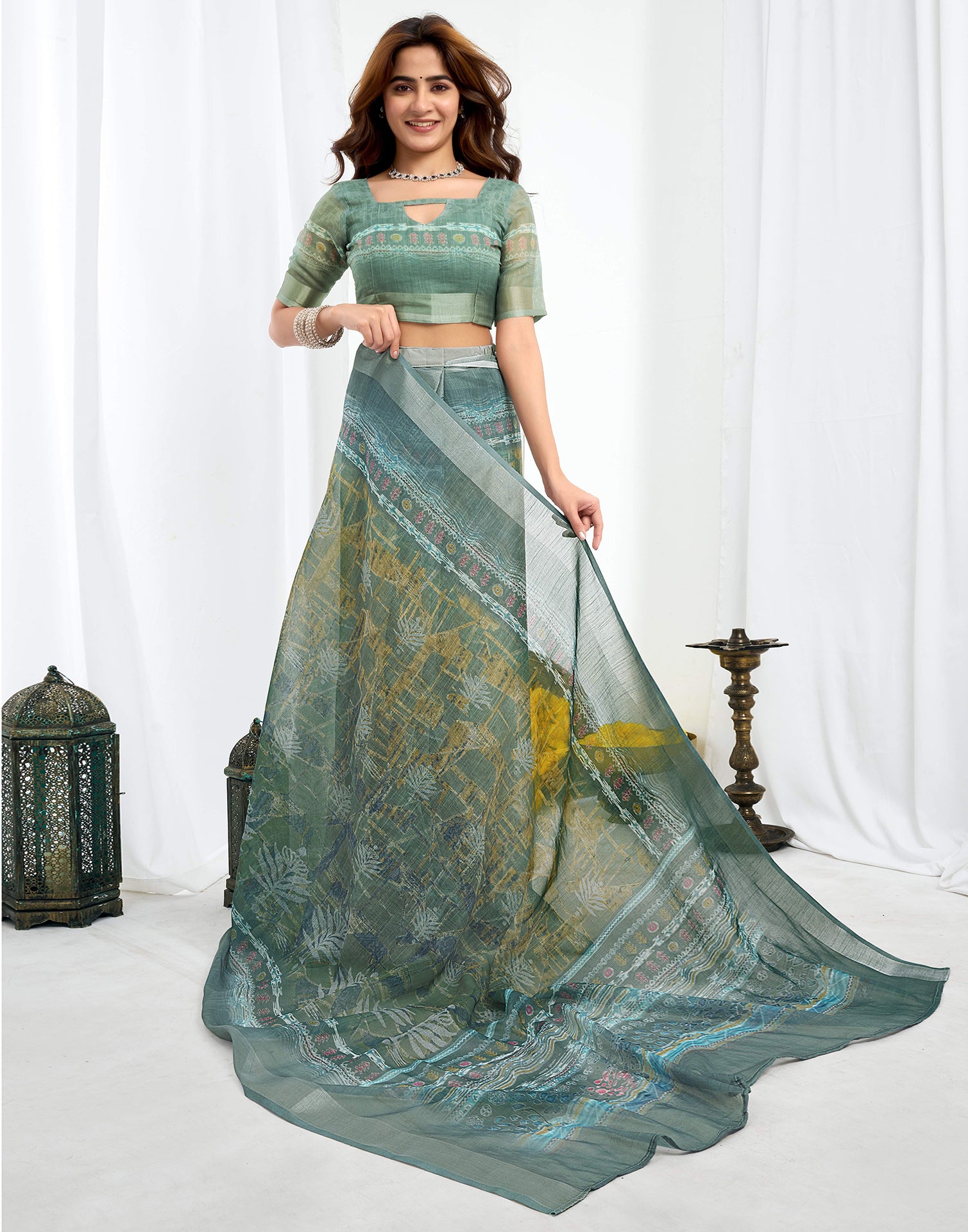 Ready To Wear Dusty Green Printed Linen Saree