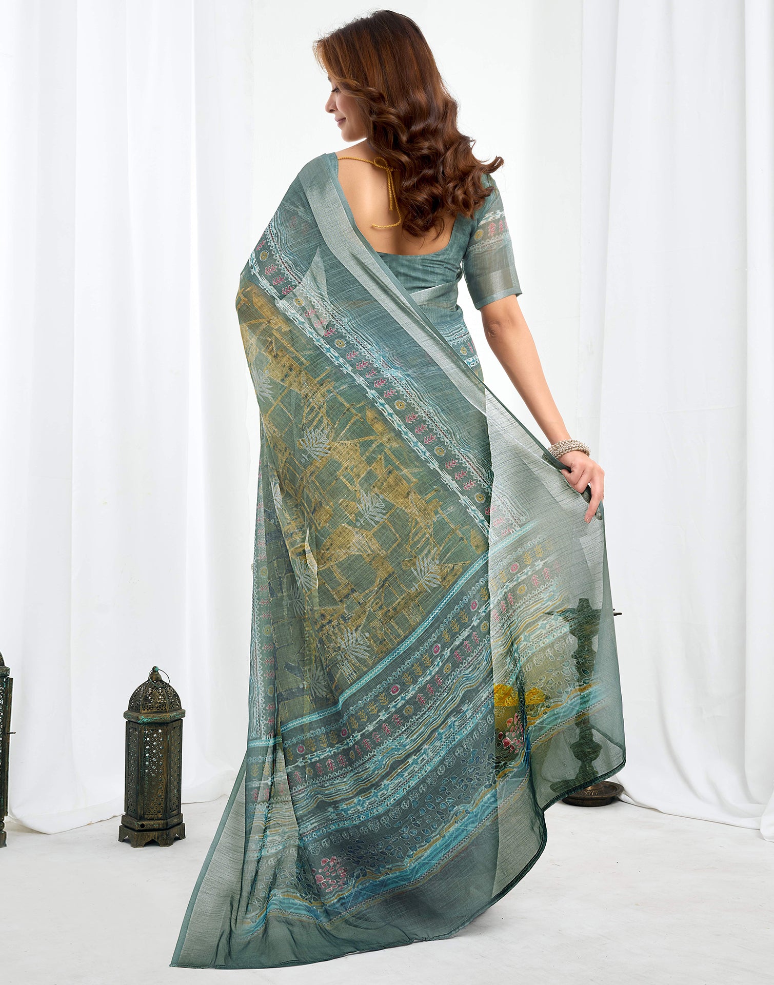 Ready To Wear Dusty Green Printed Linen Saree