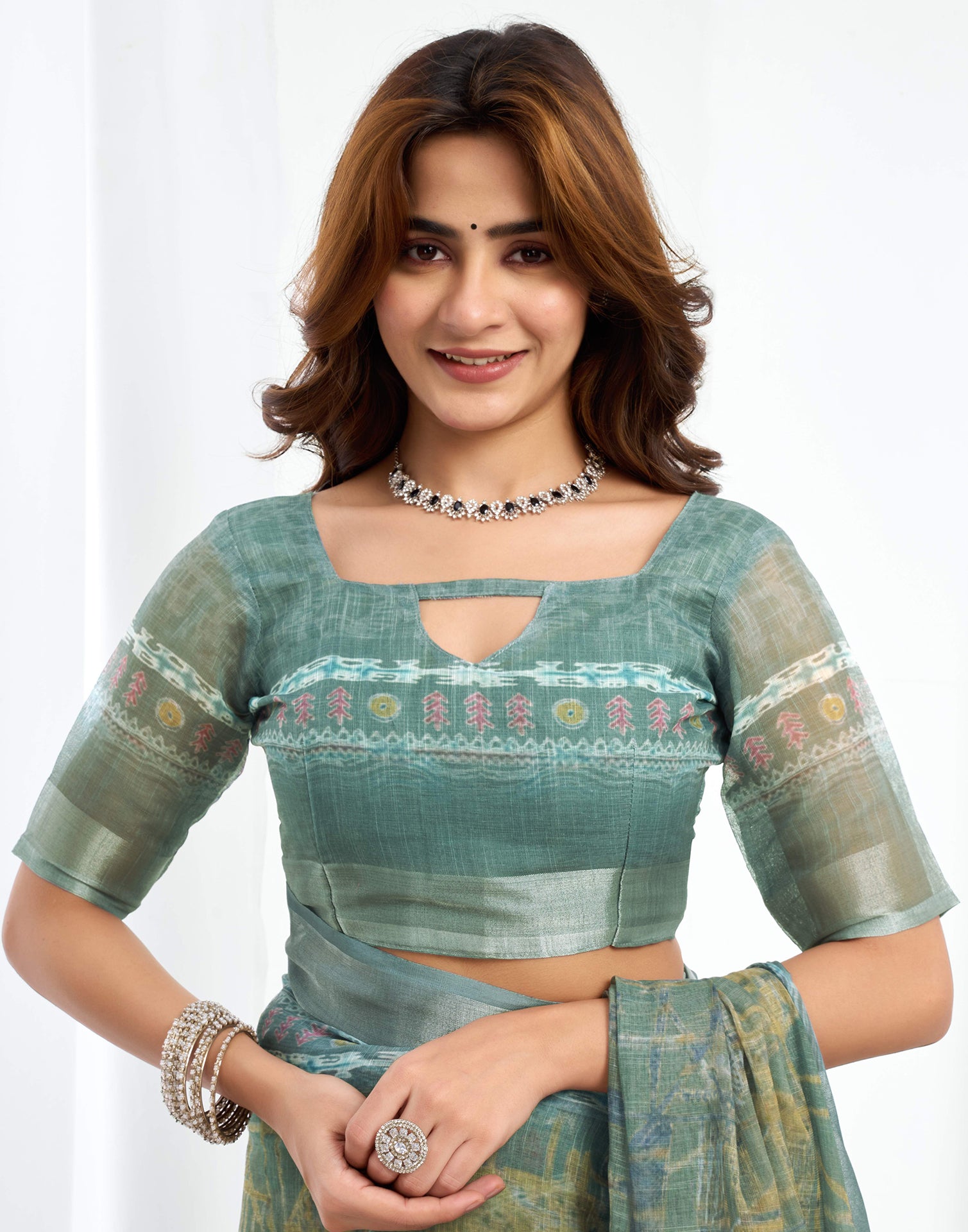 Ready To Wear Dusty Green Printed Linen Saree