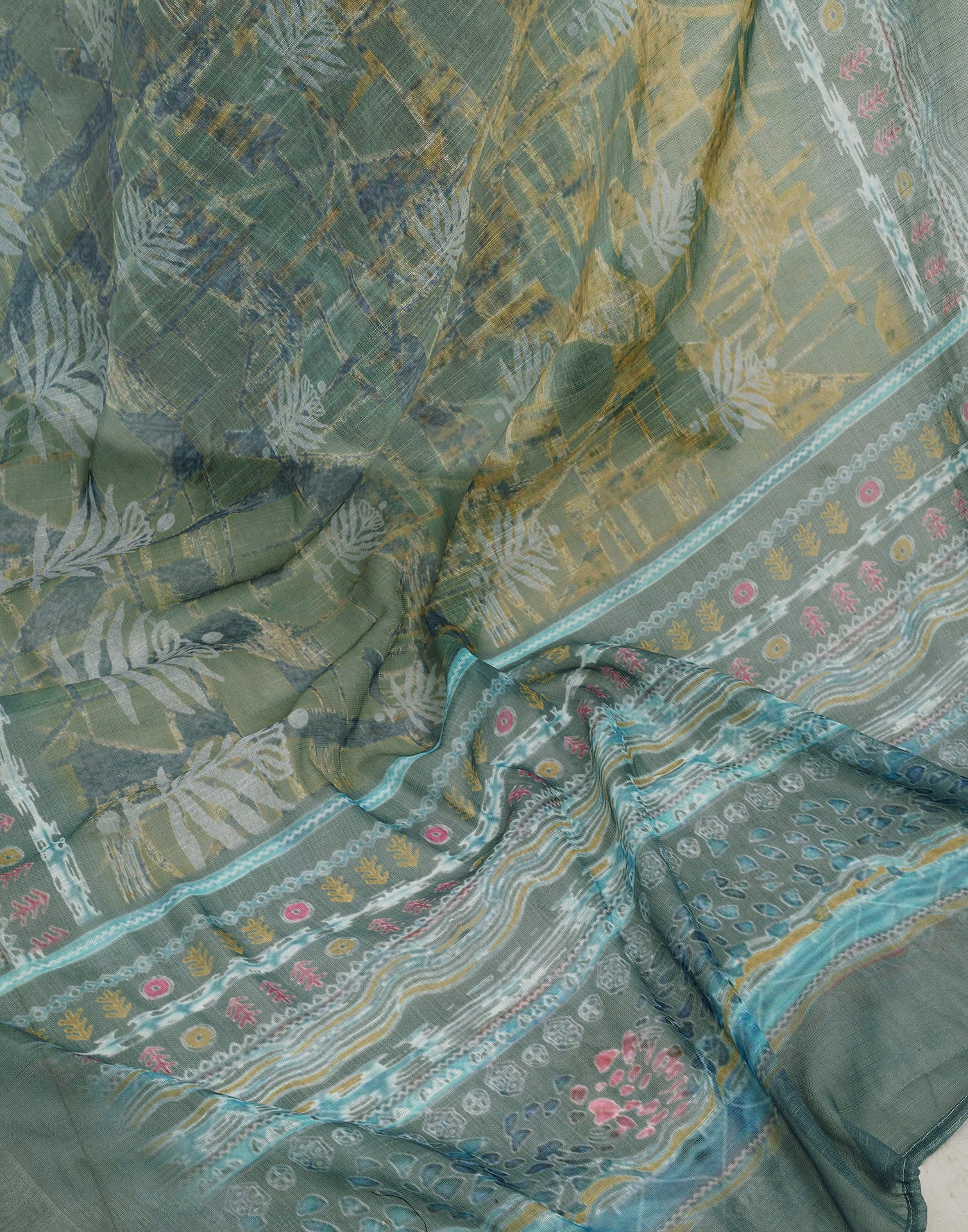 Ready To Wear Dusty Green Printed Linen Saree