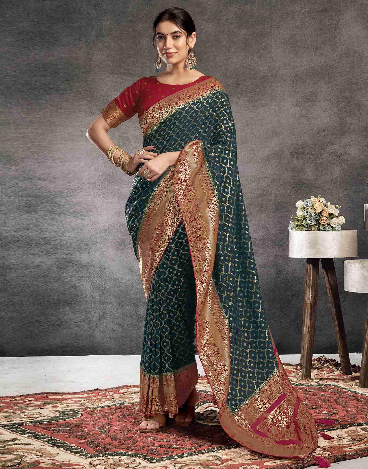 Dark Rama Green Georgette Woven Banarasi Saree