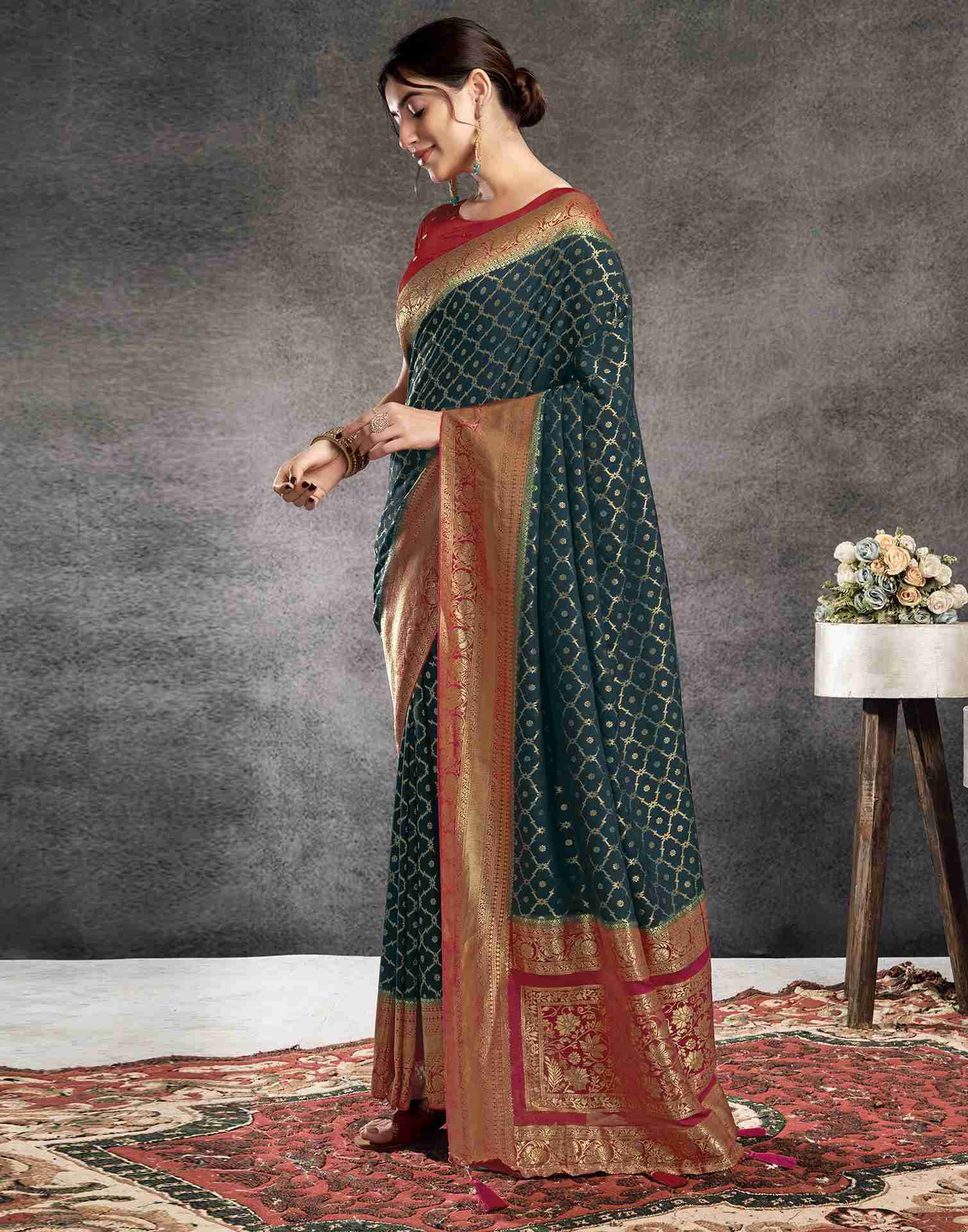 Dark Rama Green Georgette Woven Banarasi Saree