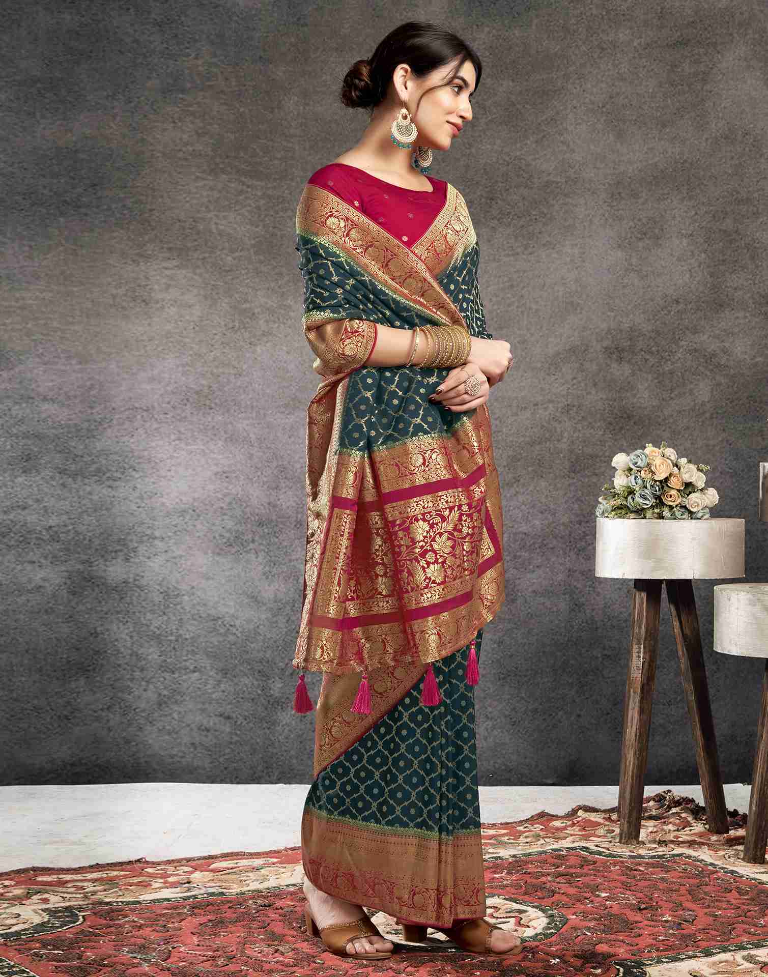 Dark Rama Green Georgette Woven Banarasi Saree