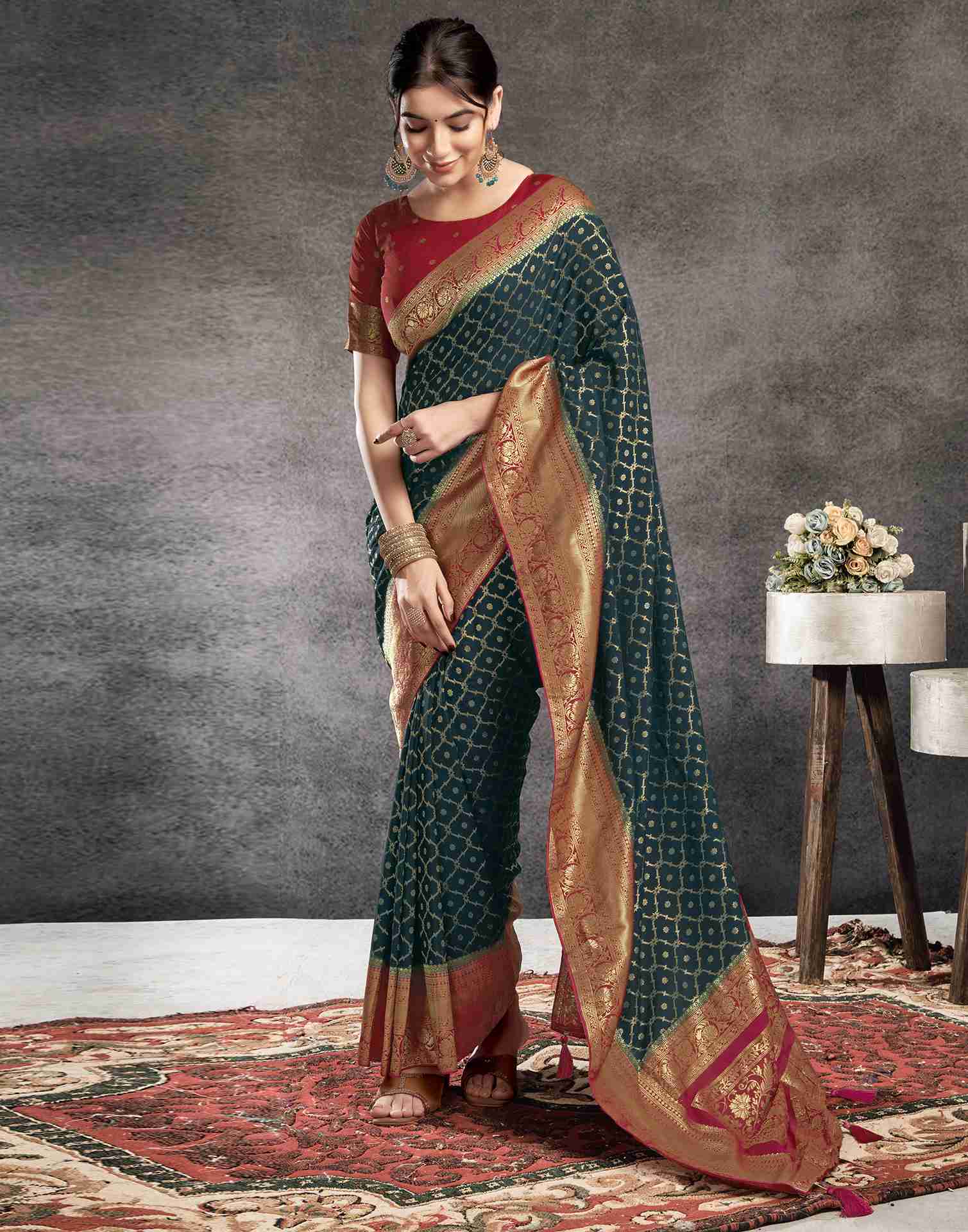 Dark Rama Green Georgette Woven Banarasi Saree