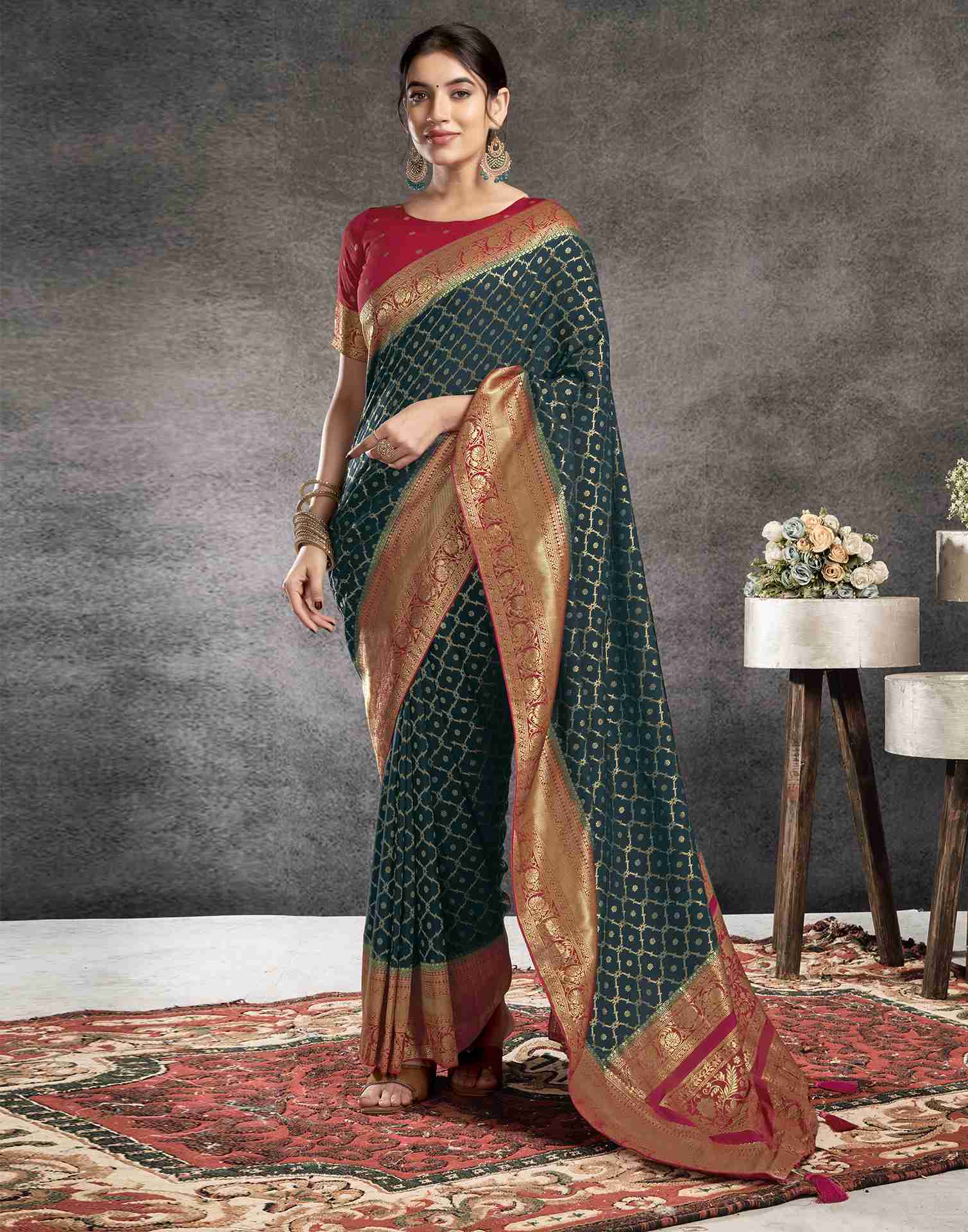 Dark Rama Green Georgette Woven Banarasi Saree