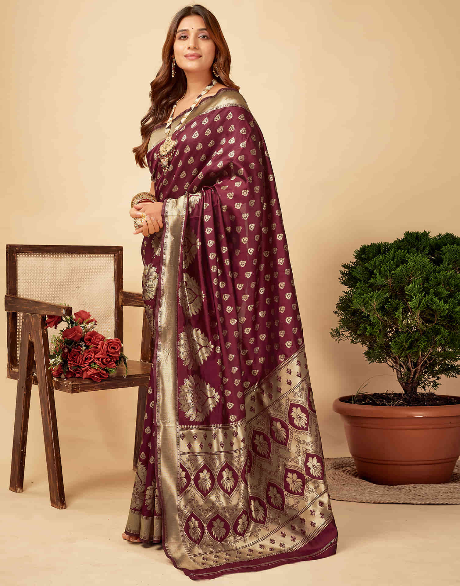 Dark Maroon Silk Woven Banarasi Saree