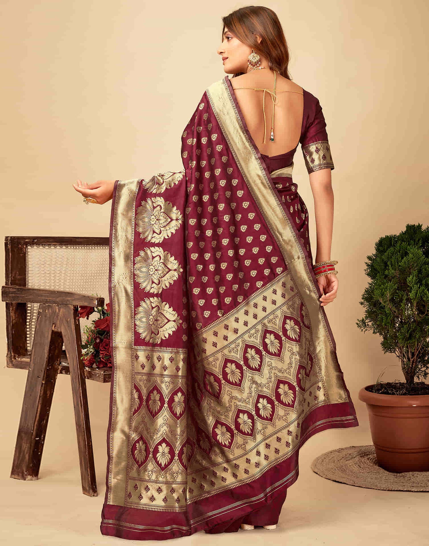 Dark Maroon Silk Woven Banarasi Saree